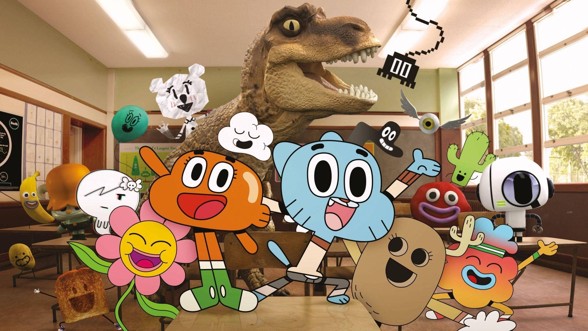 Gumball Watterson, Darwin Watterson, Tina Rex, Leslie, Elmore Junior High classroom, Full HD Desktop wallpaper