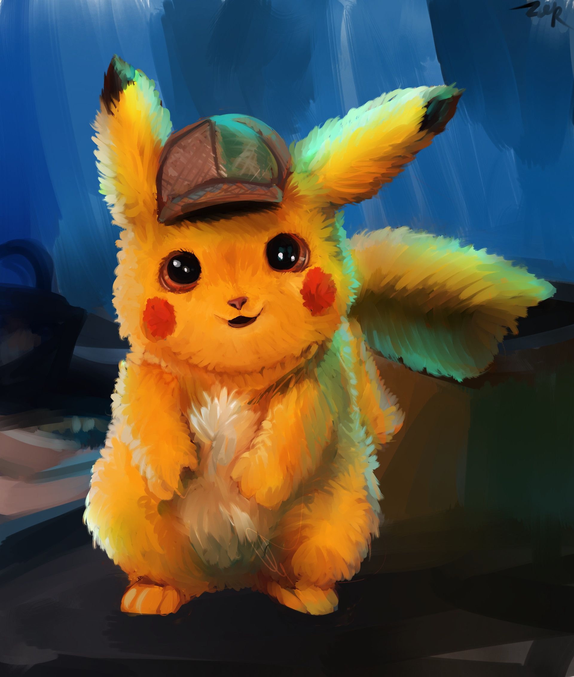 Detective Pikachu, brown deerstalker hat, fluffy yellow fur, HD Phone wallpaper
