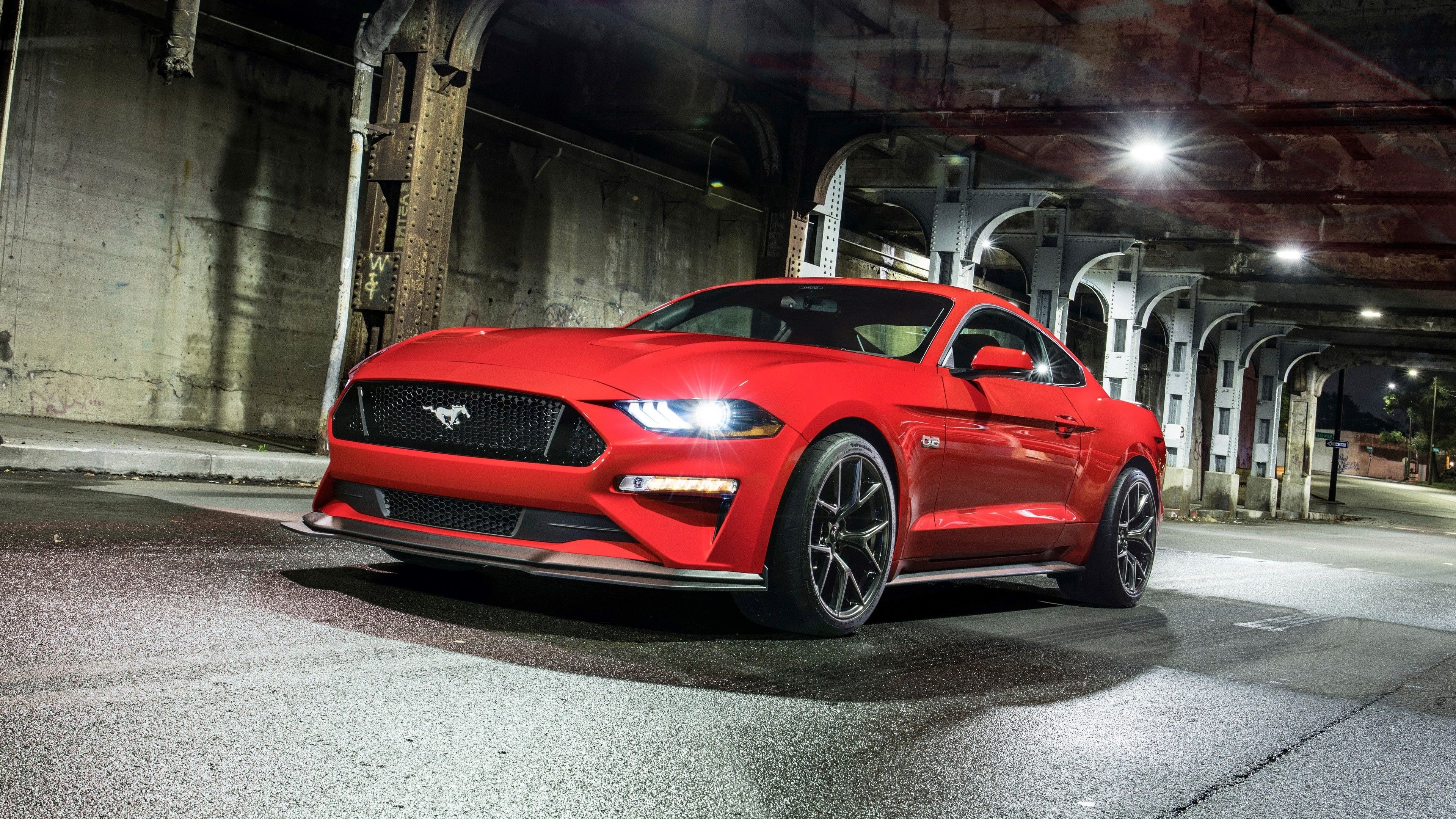 Ford Mustang GT, Urban bridge underpass, Illuminated headlights, 4K Desktop wallpaper