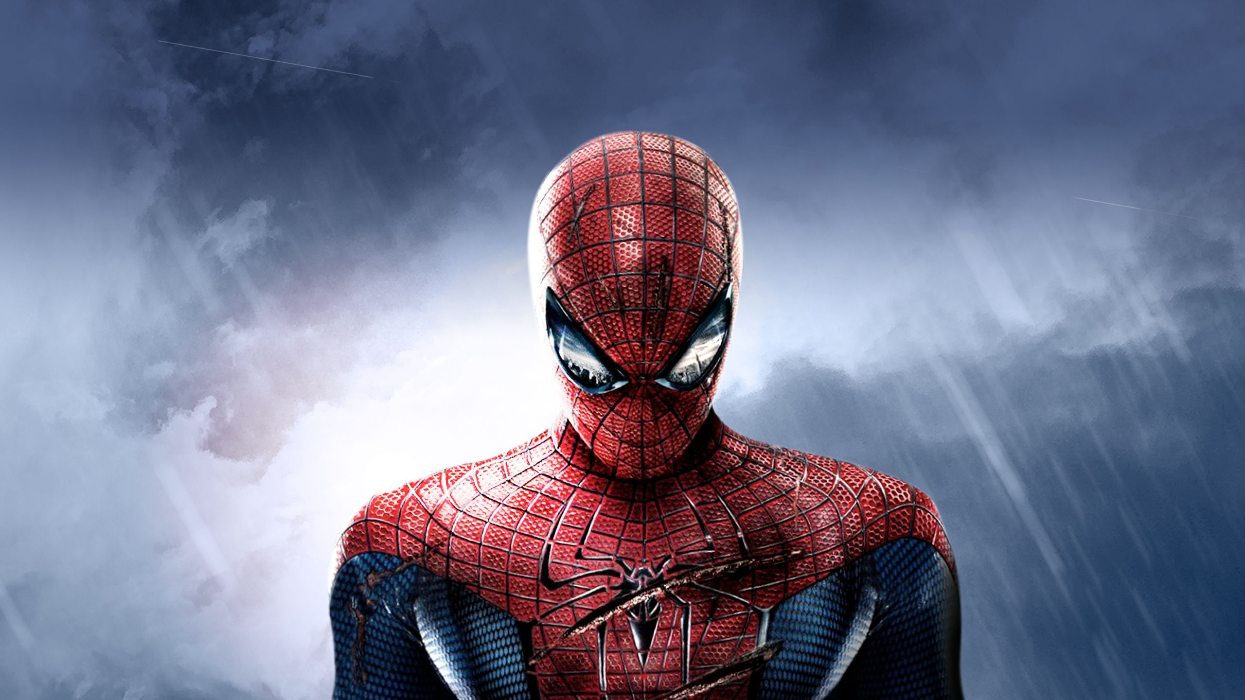 The Amazing Spider-Man, battle-damaged suit, rainy stormy sky, HD Desktop wallpaper