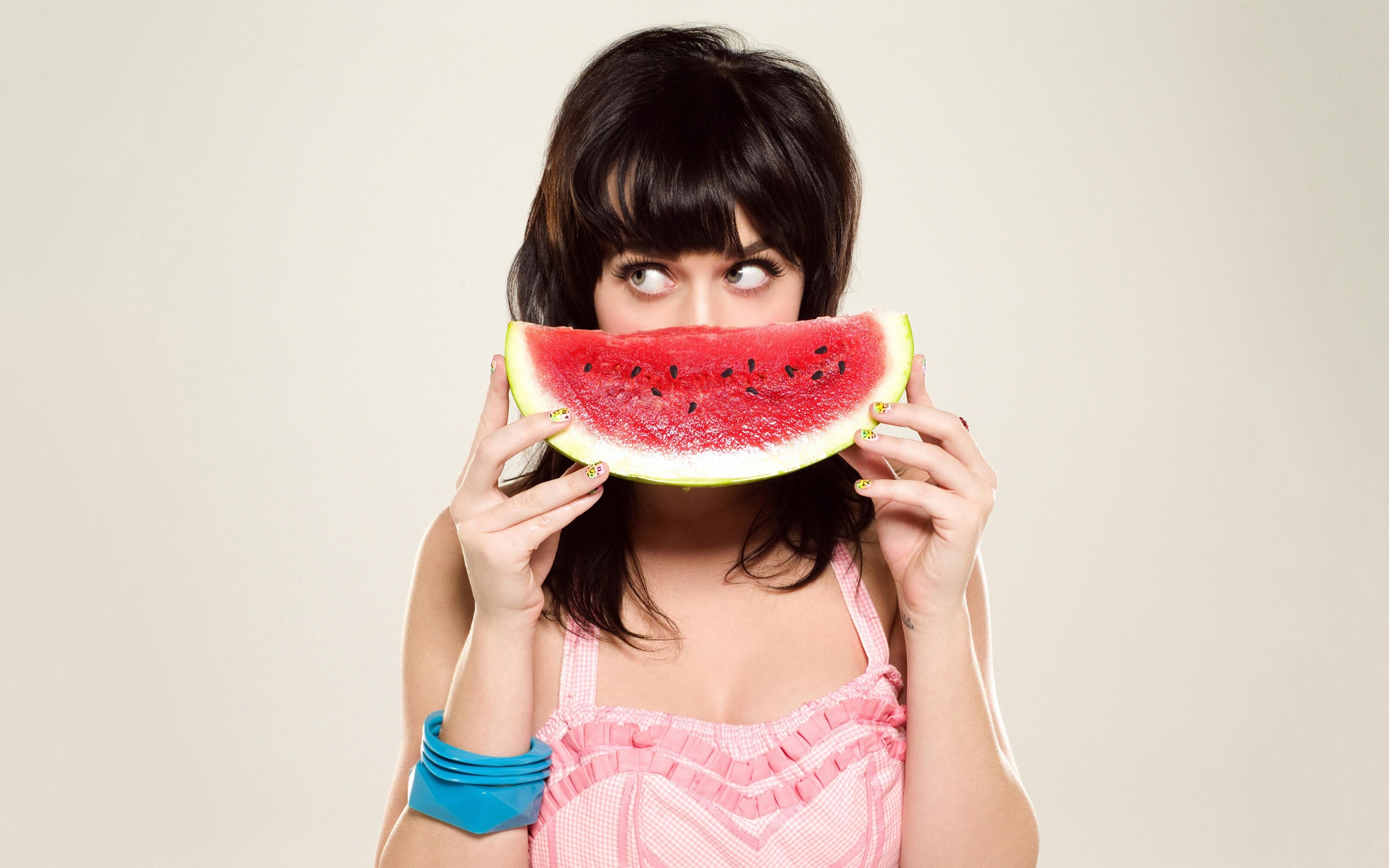 Katy Perry and watermelon, Playful smile wallpaper, HD widescreen delight, Pop star appreciation, 3460x2160 HD Desktop