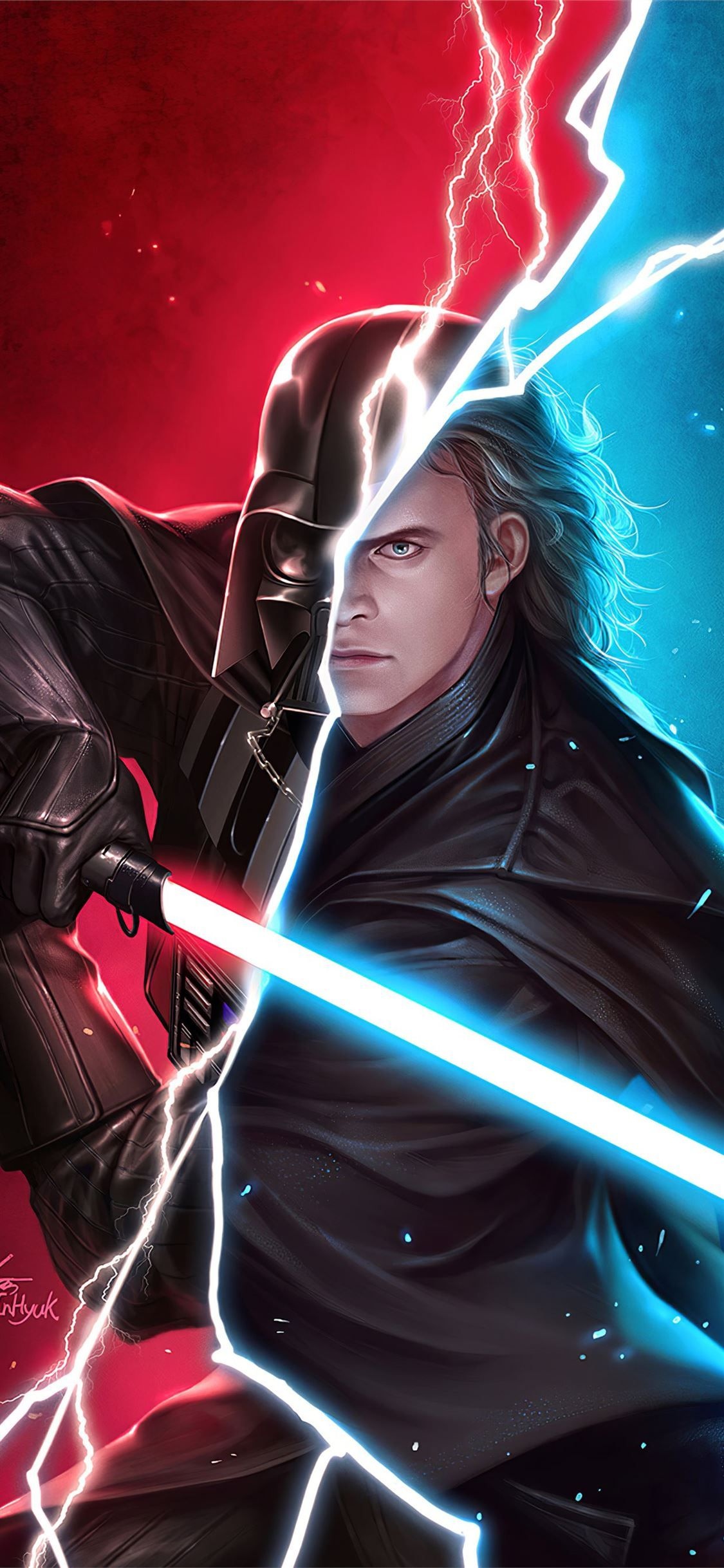 Anakin Skywalker, Darth Vader, Split glowing lightsaber, Electric Force lightning, HD Phone wallpaper