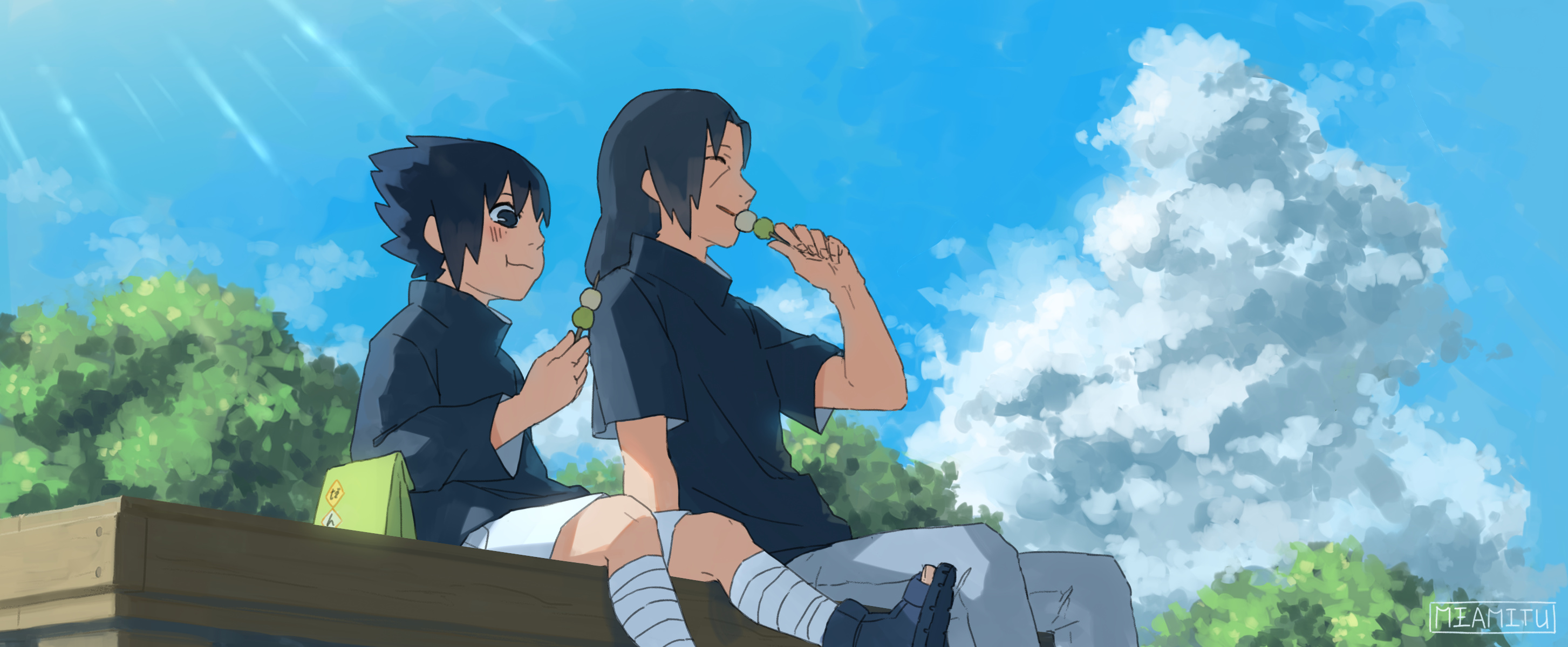 Young Itachi Uchiha, Young Sasuke Uchiha, Tricolor dango skewer, Dual Screen Desktop wallpaper