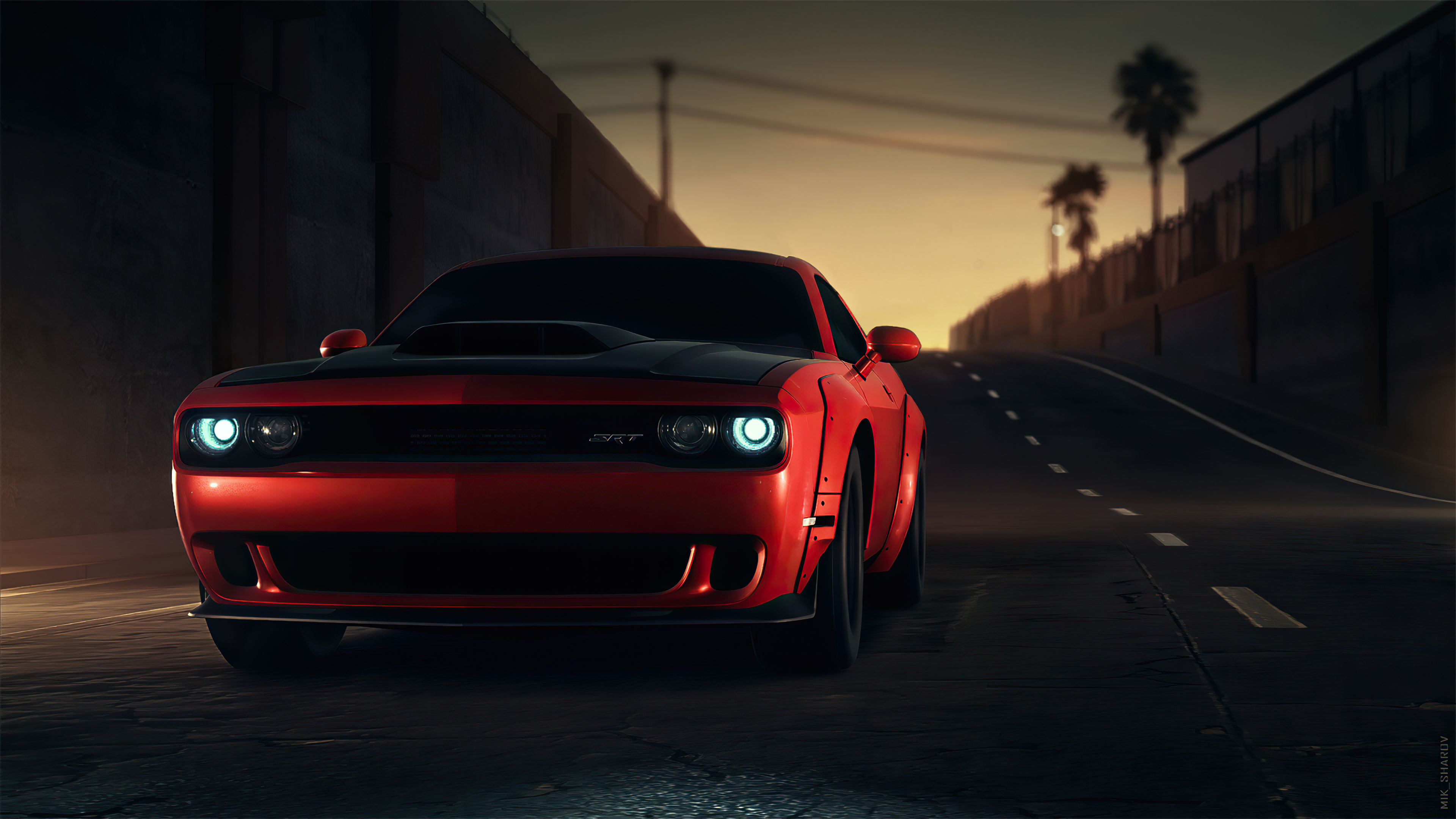 Dodge Challenger SRT Demon, halo headlights, urban street at sunset, 4K Desktop wallpaper