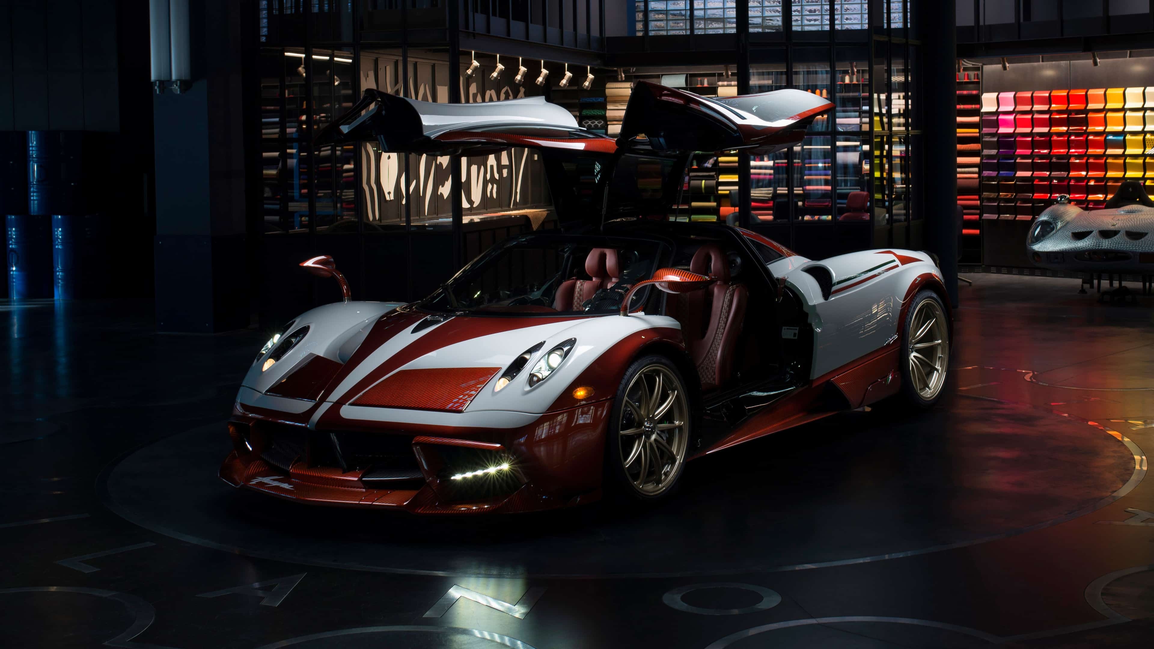 Pagani Huayra Hermes Edition, Open gullwing doors, Pagani atelier showroom, 4K Desktop wallpaper