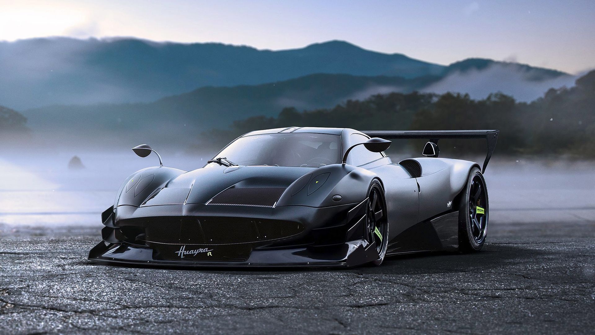 Pagani Huayra R, Huayra R, misty mountain landscape, Full HD Desktop wallpaper