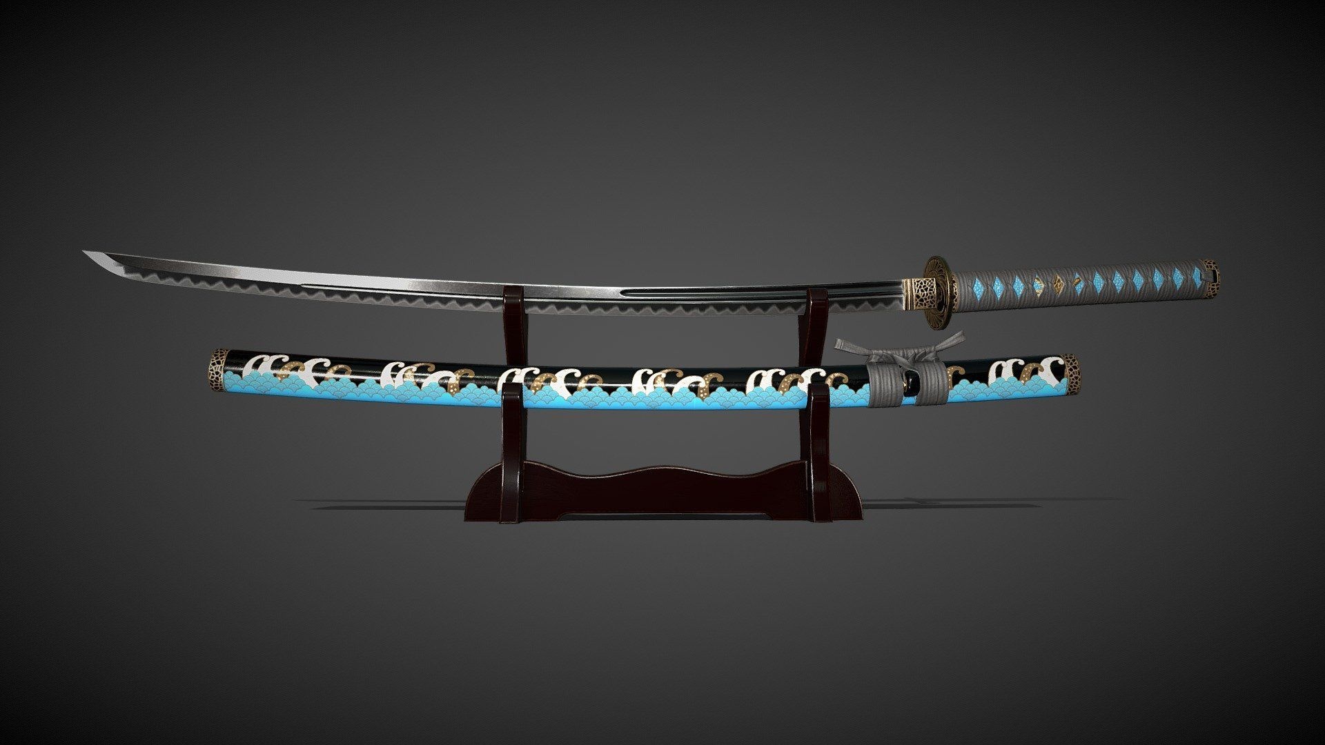 Katana samurai sword, Wave pattern saya scabbard, Wooden katanakake sword stand, Full HD Desktop wallpaper