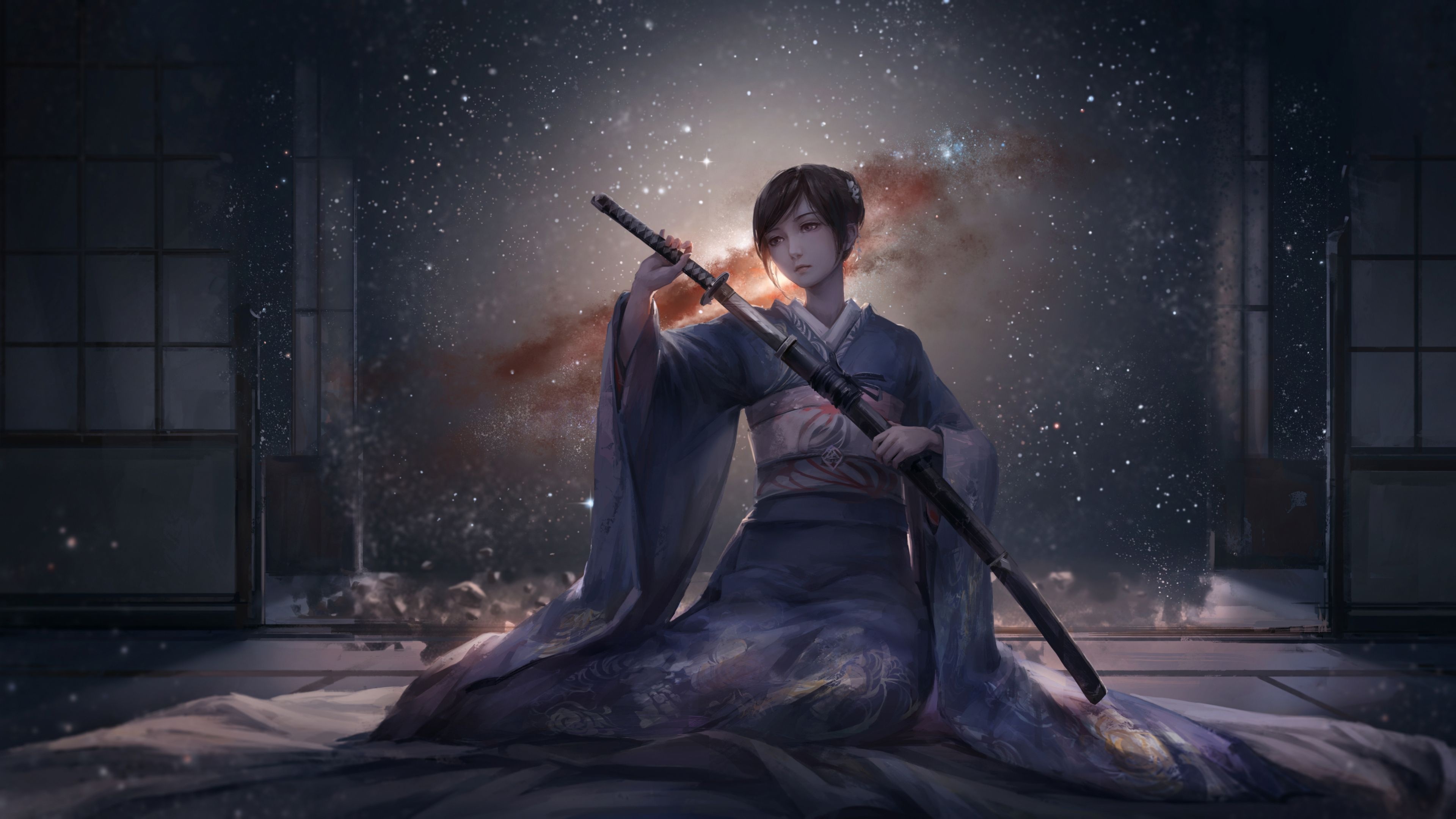 Kimono clad swordswoman, Sheathed katana sword, Starry galaxy night sky, 4K Desktop wallpaper