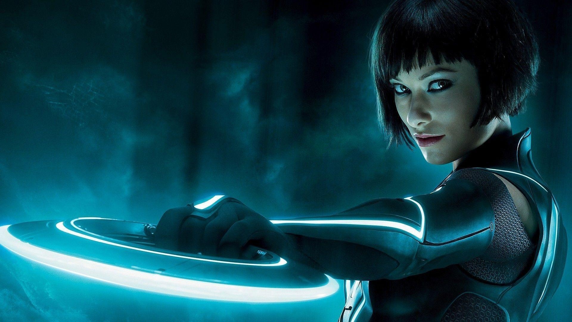 Olivia Wilde as Quorra, Tron Legacy Identity Disc, Illuminated Tron light suit, Full HD Desktop wallpaper