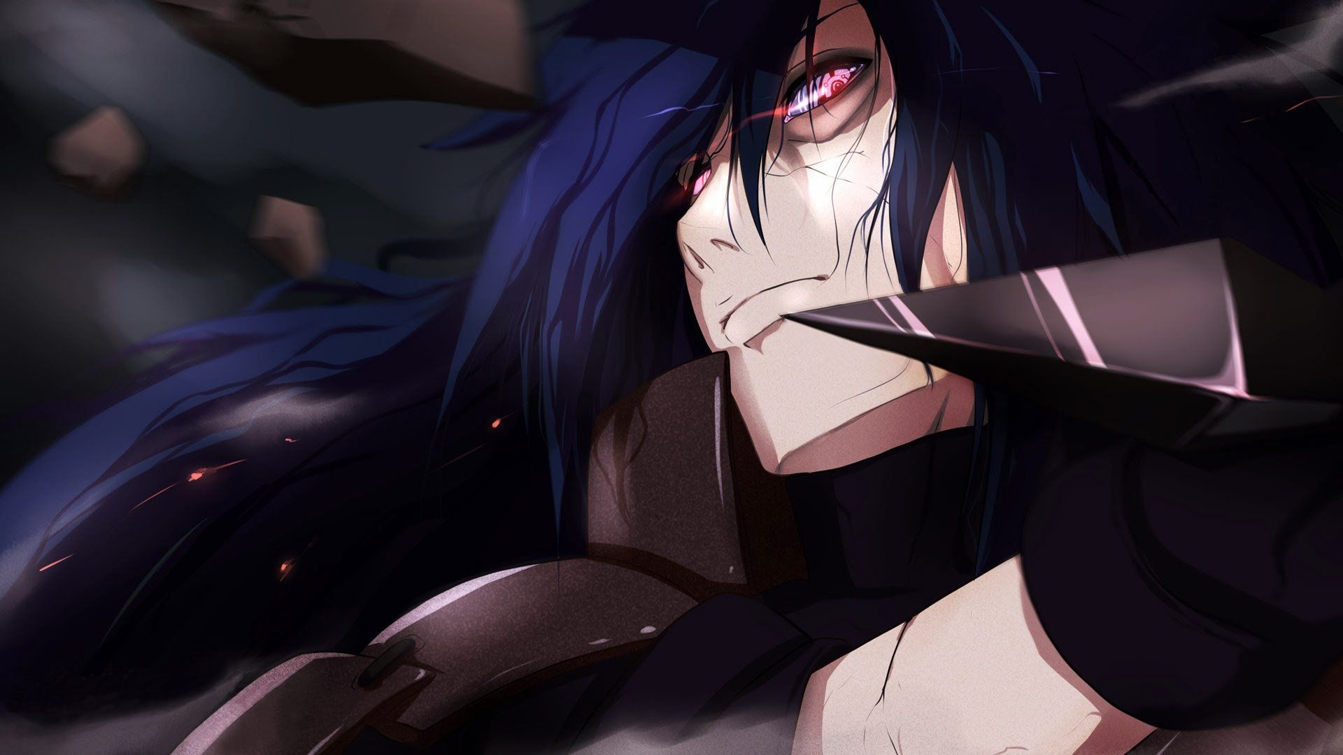 Madara Uchiha, Eternal Mangekyo Sharingan, kunai blade, Full HD Desktop wallpaper