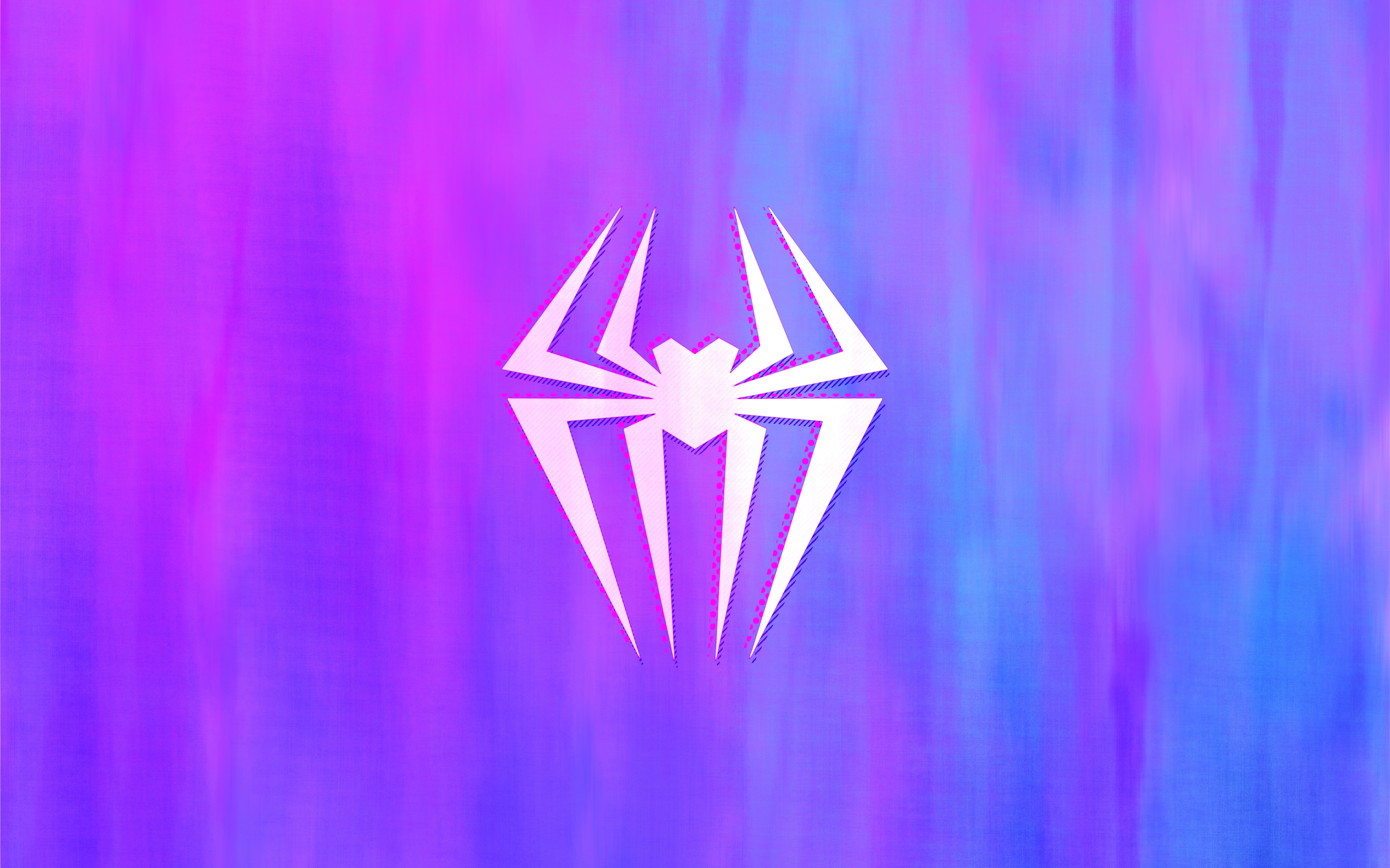 Across the Spider-Verse, Spider-Gwen (Gwen Stacy), Centered spider emblem, Halftone shadow effect, Purple and blue background, 4K Desktop wallpaper