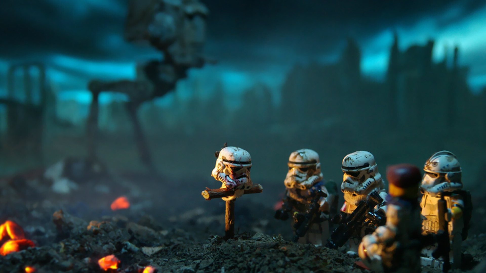 Artistic Lego stormtrooper burial, Creative artistry, Emotional tribute, Striking wallpapers, 1920x1080 Full HD Desktop