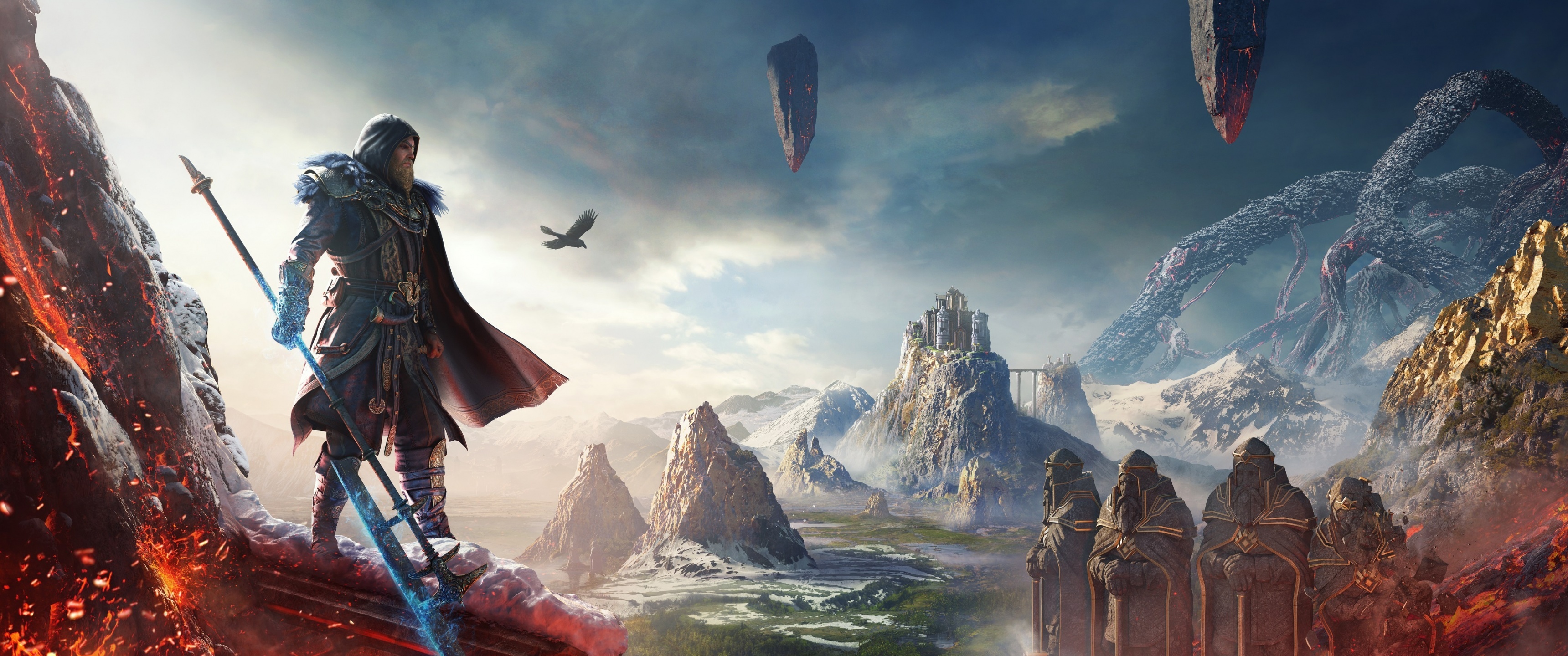 Assassin's Creed Valhalla: Dawn of Ragnarök, Havi overlooking Svartalfheim, Dwarven statues and Yggdrasil roots, Dual Screen Desktop wallpaper