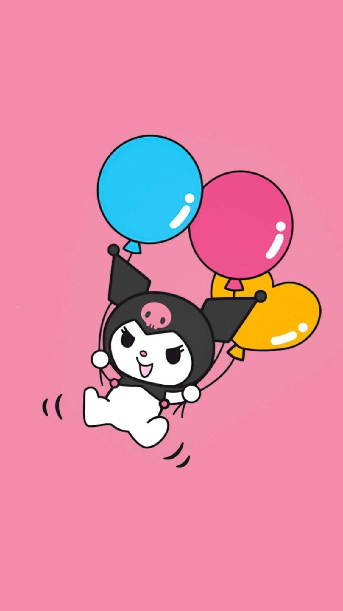Kuromi, colorful balloons, pink background, HD Phone wallpaper