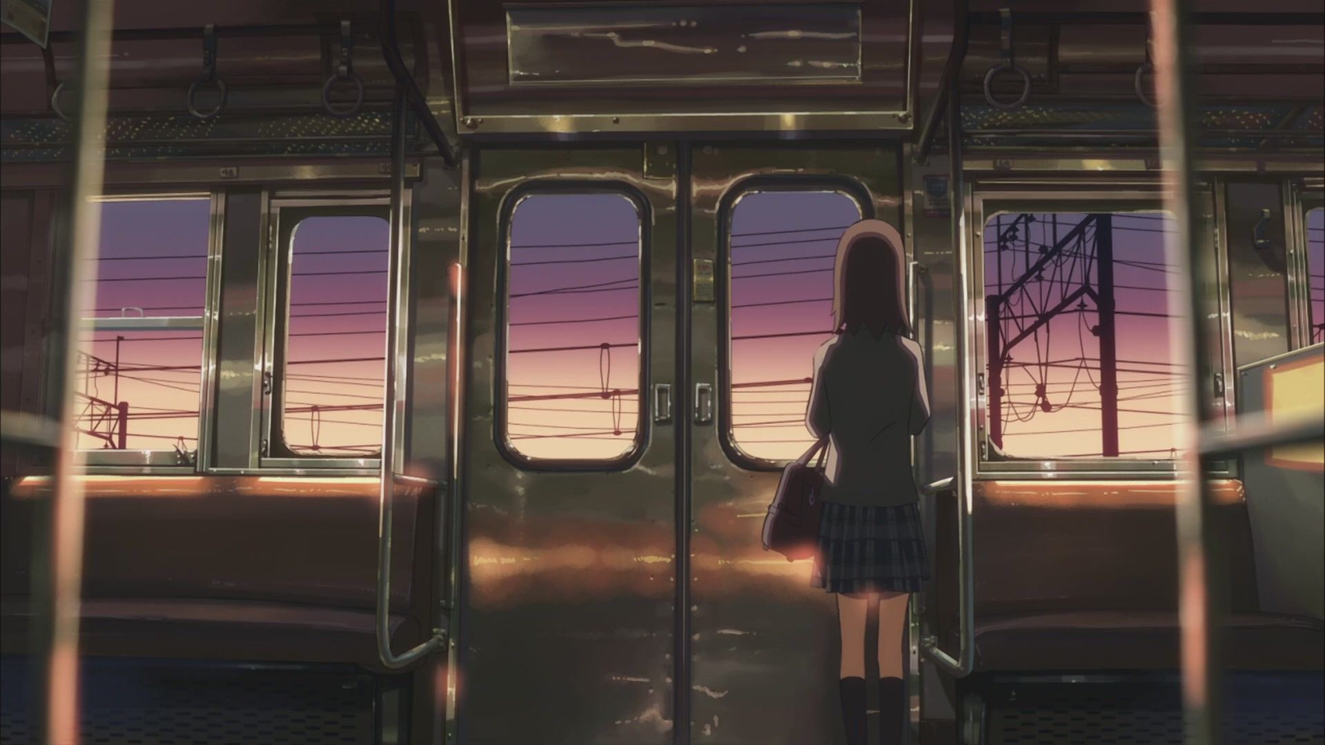 Kanae Sumida, Commuter train interior, Dusk sky through windows, Full HD Desktop wallpaper
