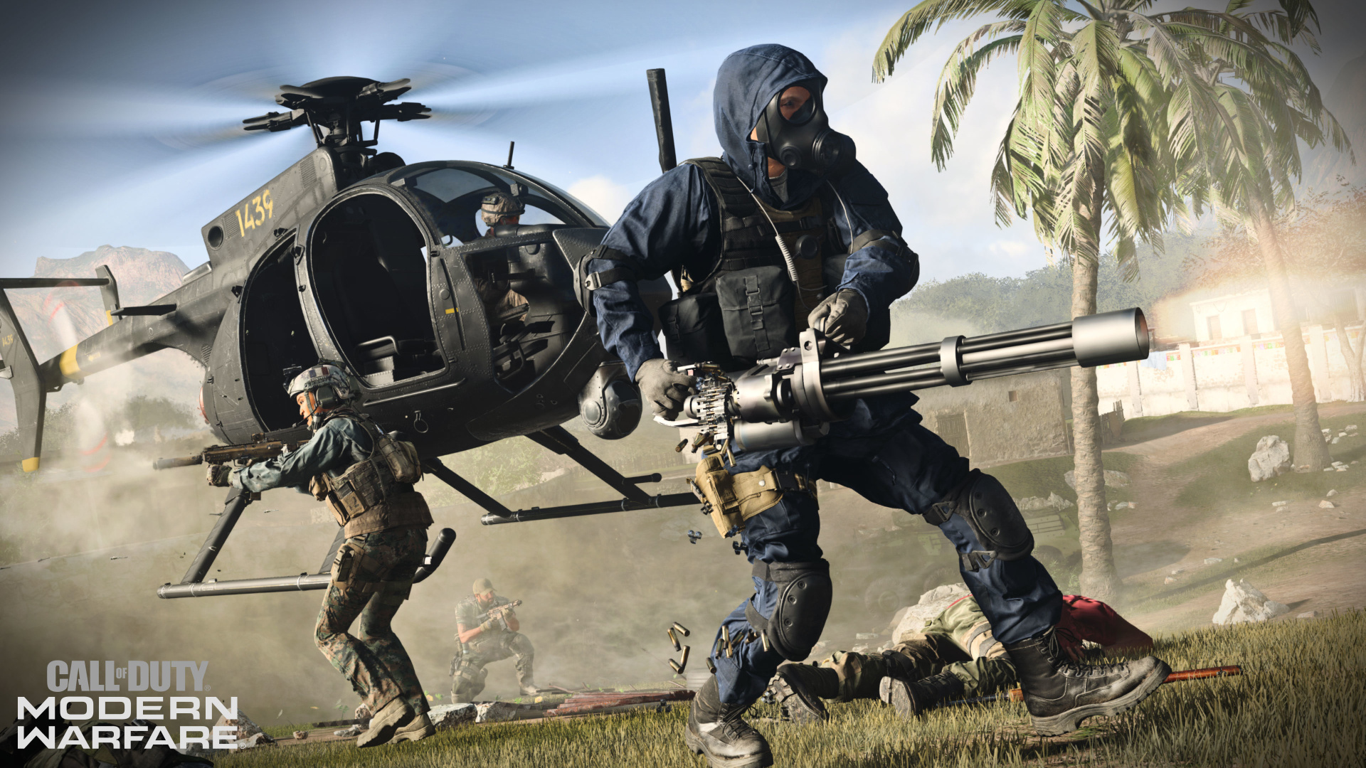 Call of Duty: Modern Warfare logo, Gas mask soldier with minigun, MH-6 Little Bird helicopter, Full HD Desktop wallpaper