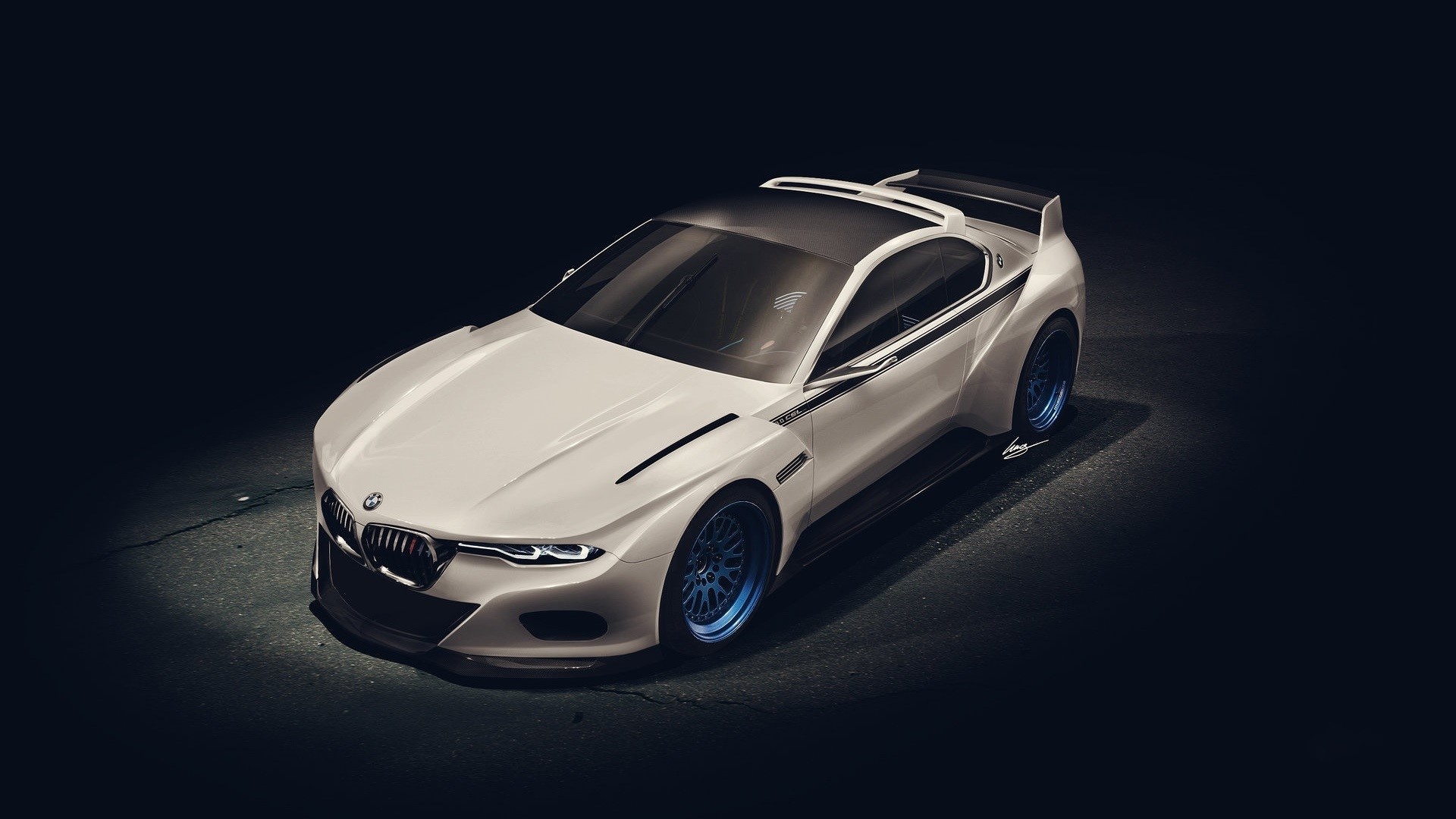 BMW 3.0 CSL Hommage, blue deep-dish wheels, overhead spotlight illumination, Full HD Desktop wallpaper
