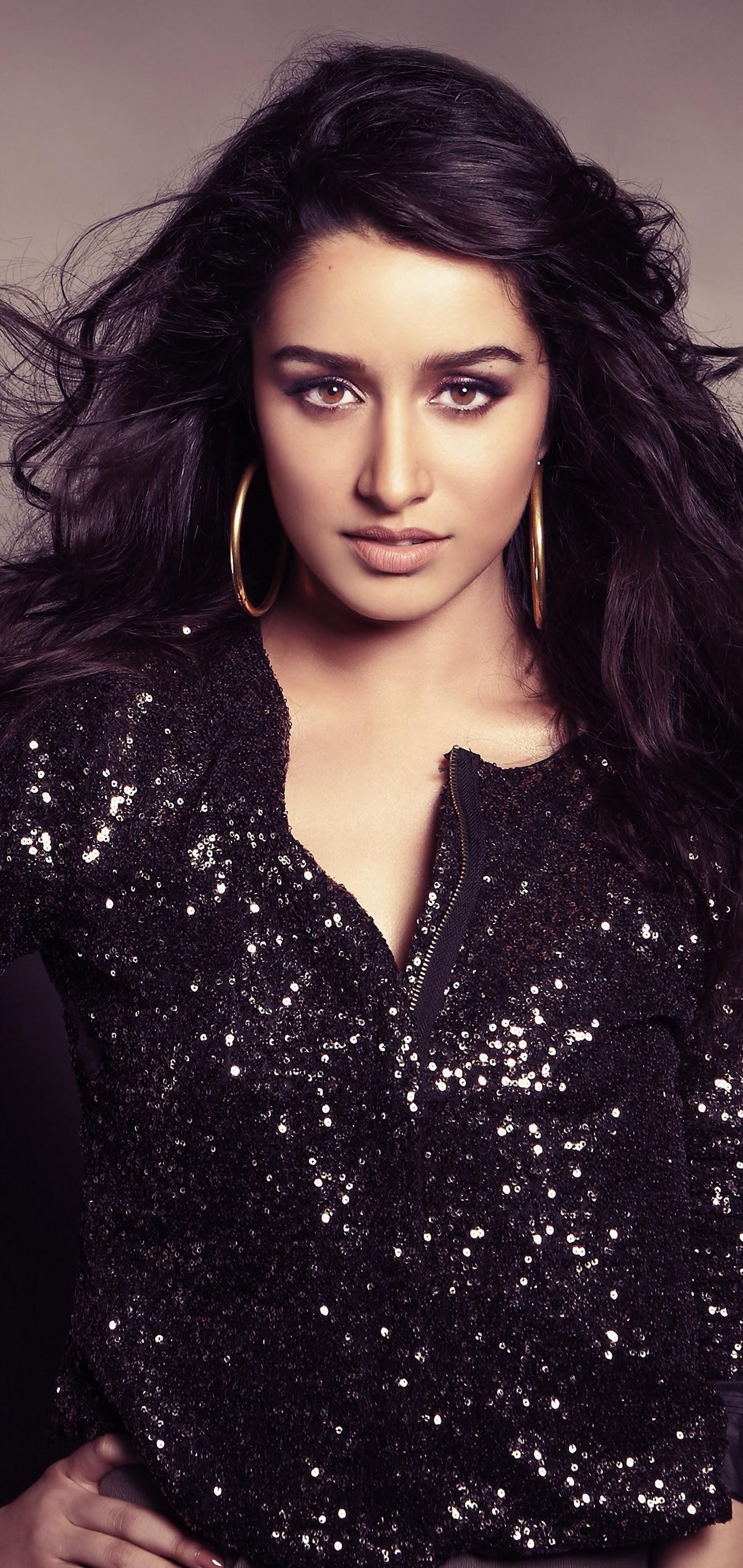 Shraddha Kapoor, black sequin top, gold hoop earrings, HD Phone wallpaper