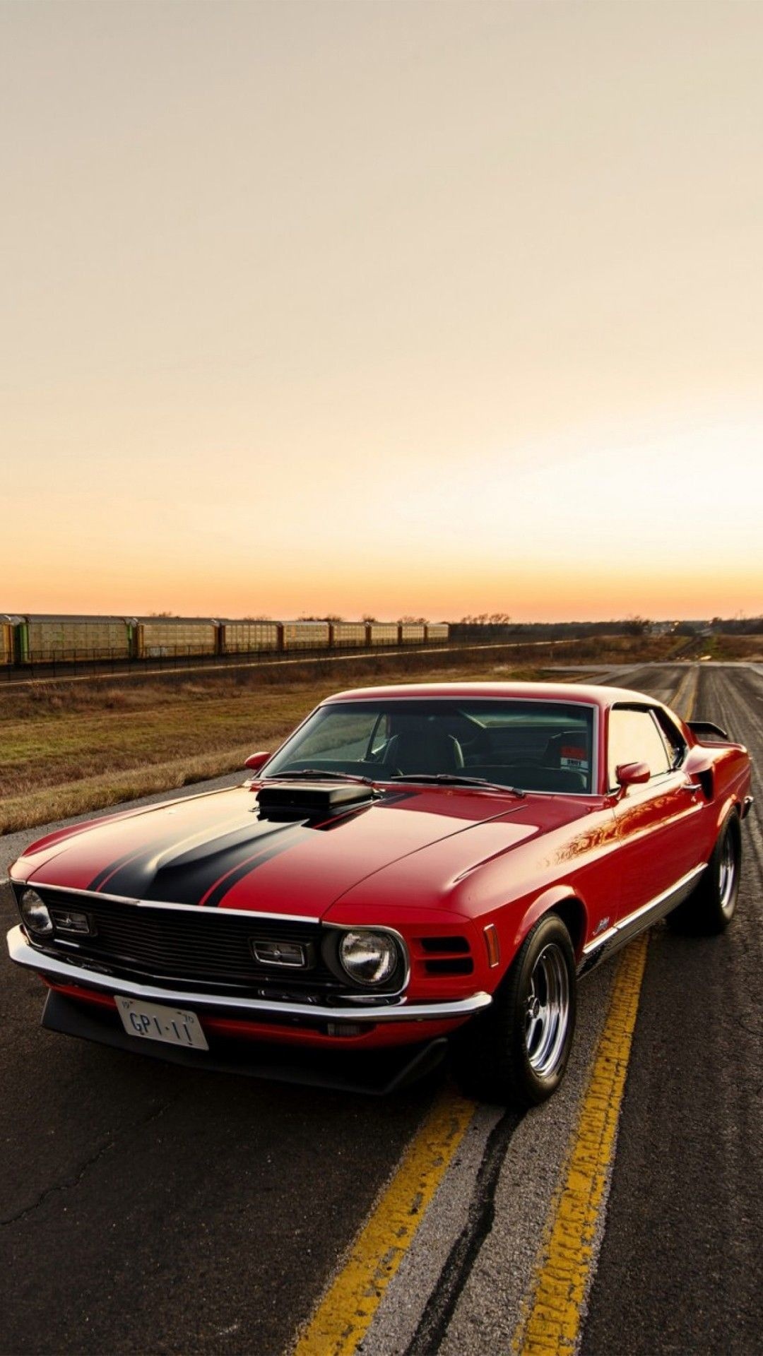1970 Ford Mustang Mach 1, freight train in background, golden hour sunset sky, Full HD Phone wallpaper
