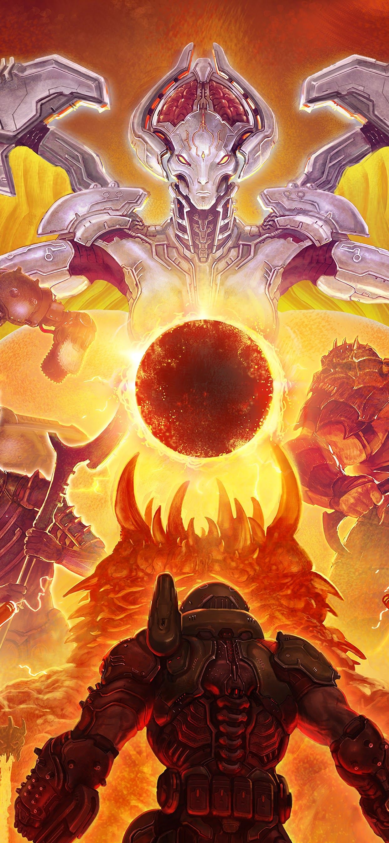 Khan Maykr, Doom Slayer, Doom Eternal artwork, Fiery demonic eclipse, HD Phone wallpaper