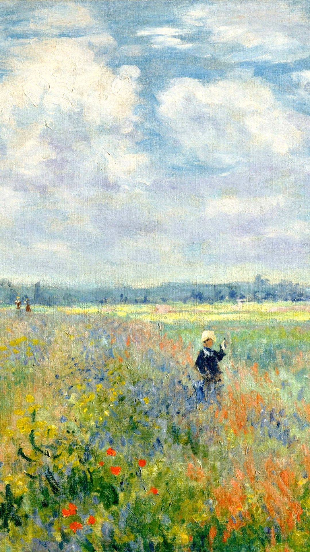 Claude Monet Summer 1874, blooming wildflower meadow, cumulus clouds blue sky, Full HD Phone wallpaper