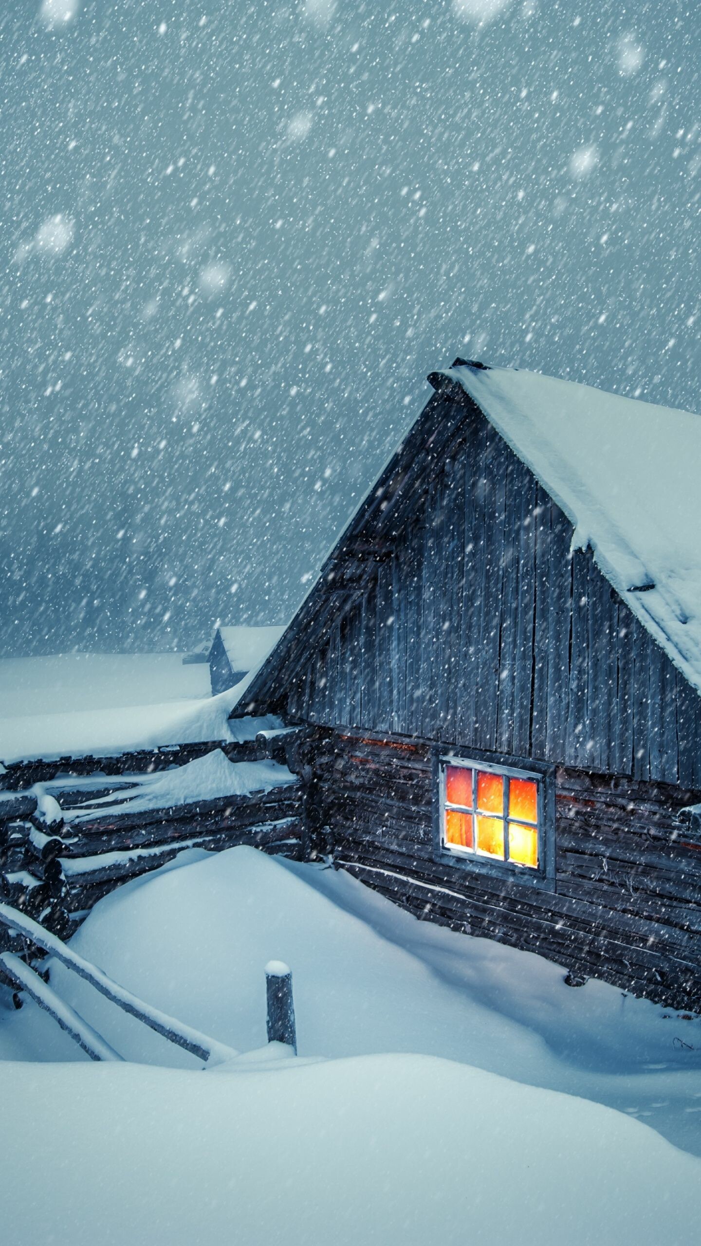 Snowy house lights, Winter's magic, Dark winter wallpaper, Snowy iPhone background, 1440x2560 HD Phone