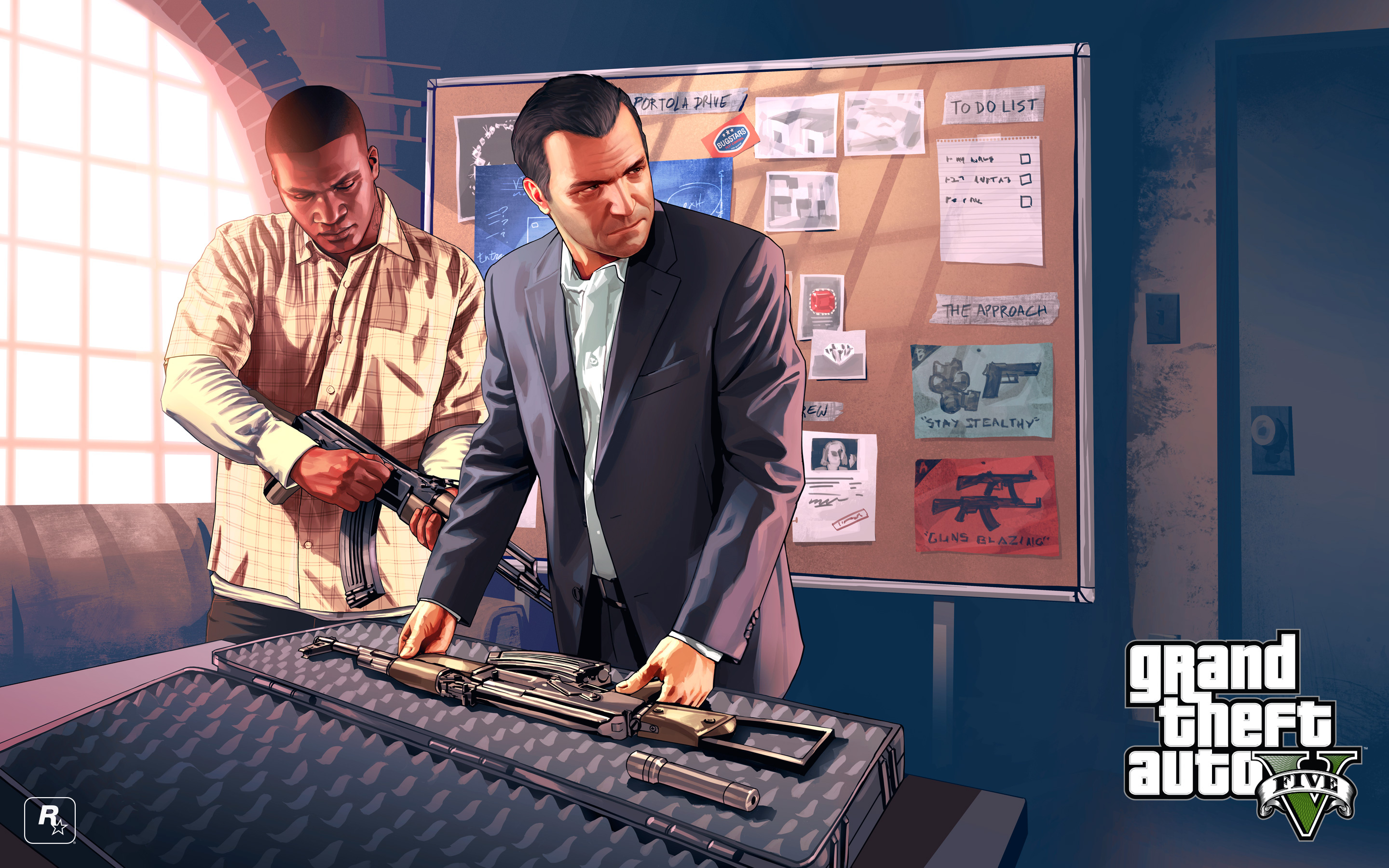Michael De Santa in grey suit, Franklin Clinton in plaid shirt, Heist planning corkboard, Assault rifle in case, Grand Theft Auto V logo, HD Desktop wallpaper