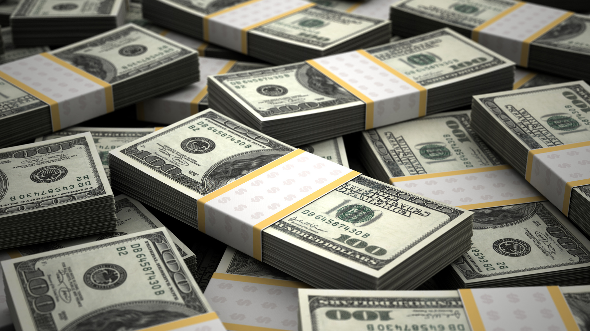 US hundred-dollar bills, Banded money stacks, Benjamin Franklin portrait, Full HD Desktop wallpaper