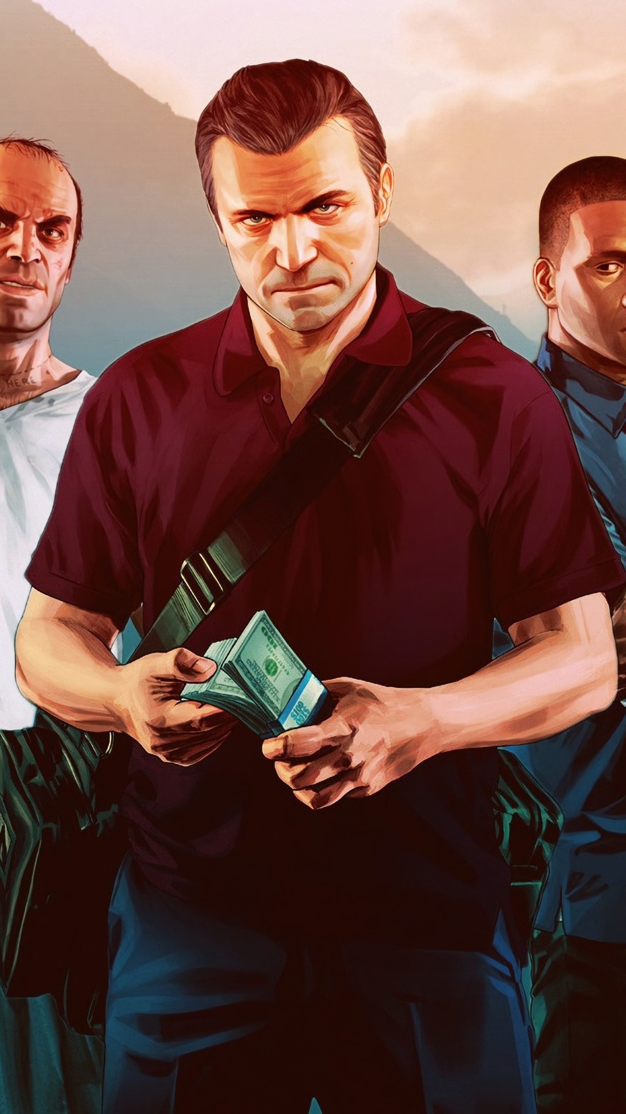 Michael De Santa in red polo, Trevor Philips in white t-shirt, Franklin Clinton in blue shirt, Stack of dollar bills, 4K Phone wallpaper