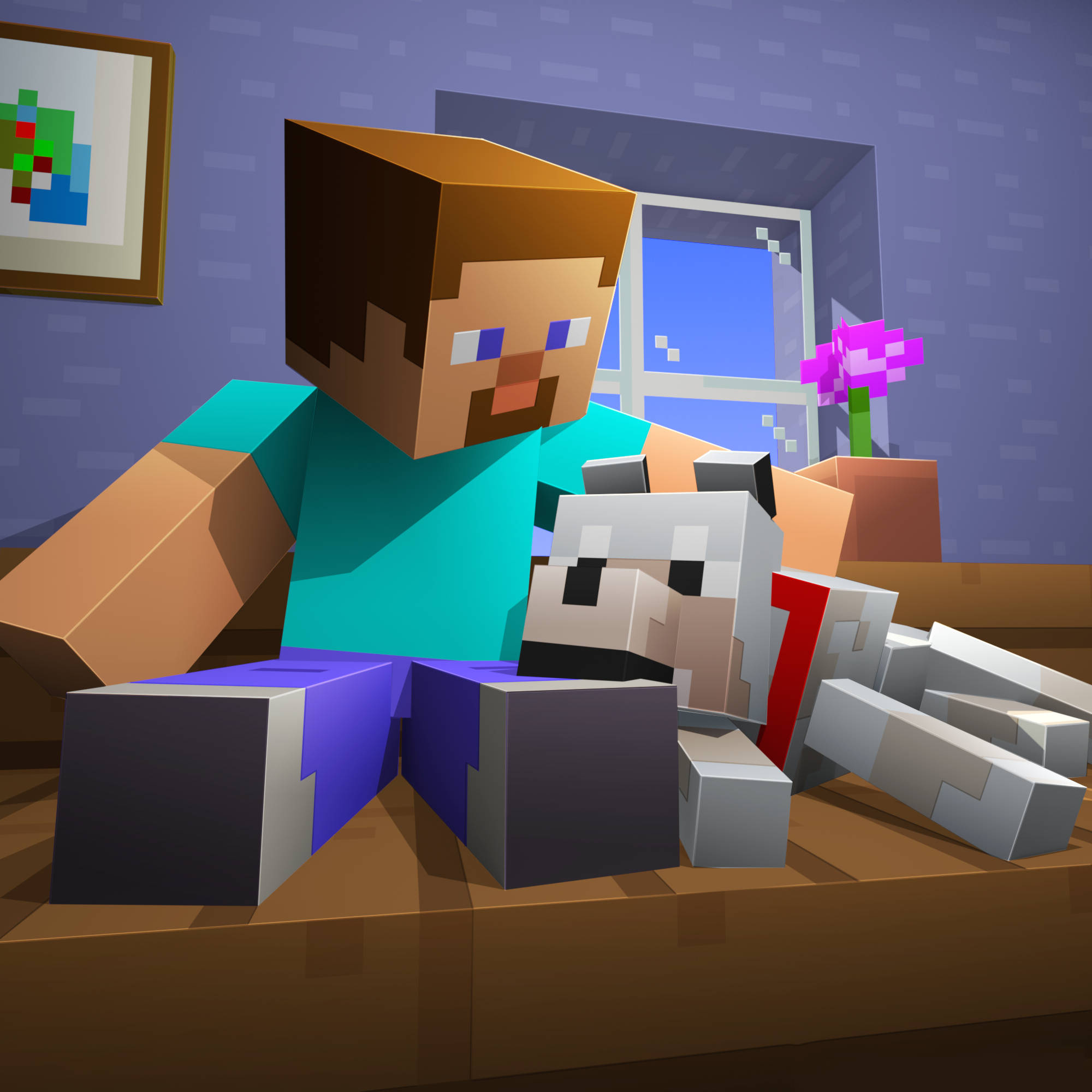 Minecraft Steve, Minecraft tamed wolf, Potted Minecraft flower, HD Phone wallpaper