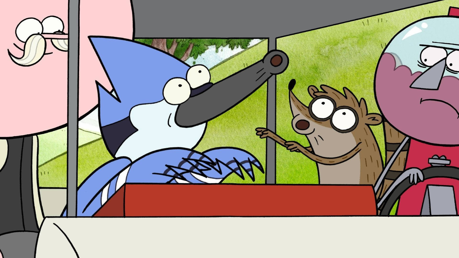 Mordecai driving golf cart, Rigby in passenger seat, Benson gumball machine, Regular Show, Full HD Desktop wallpaper