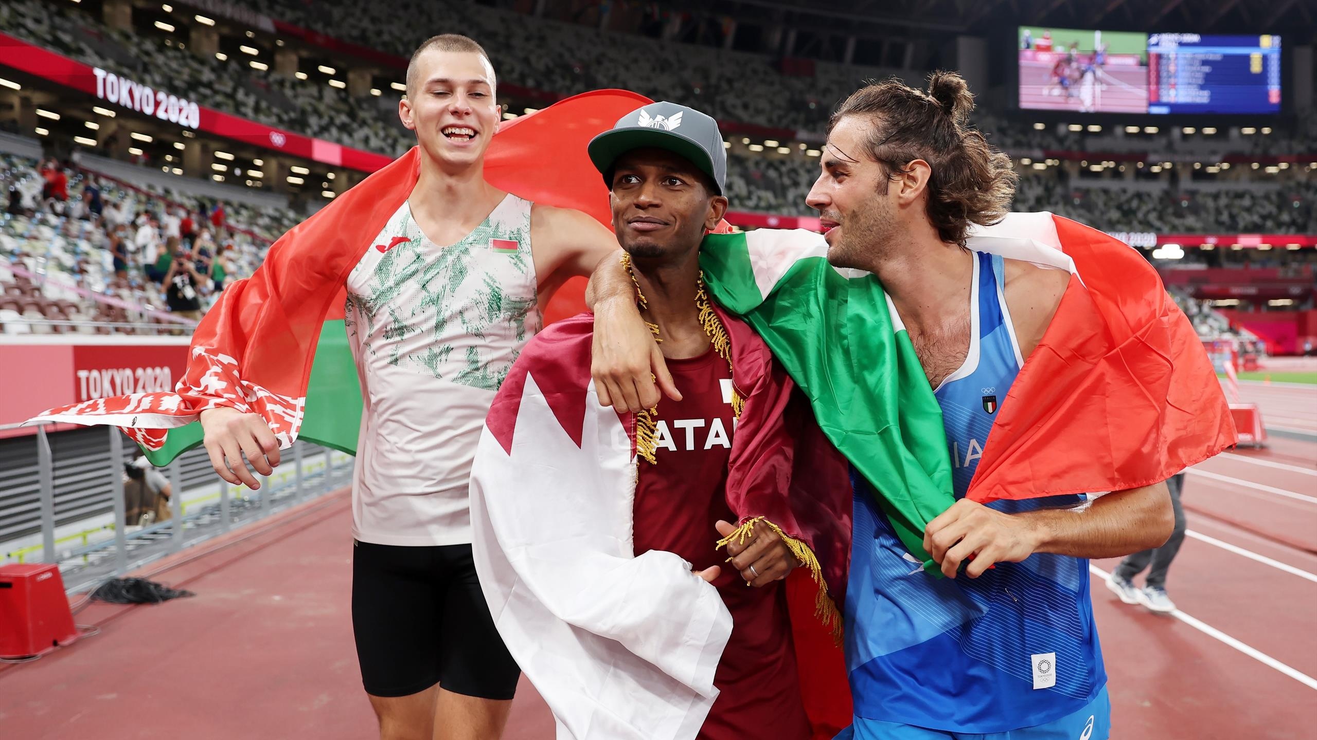 Mutaz Essa Barshim, Olympic co-gold medalist, Shocking decision, Barshim and Tamberi's historic high jump, 2560x1440 HD Desktop