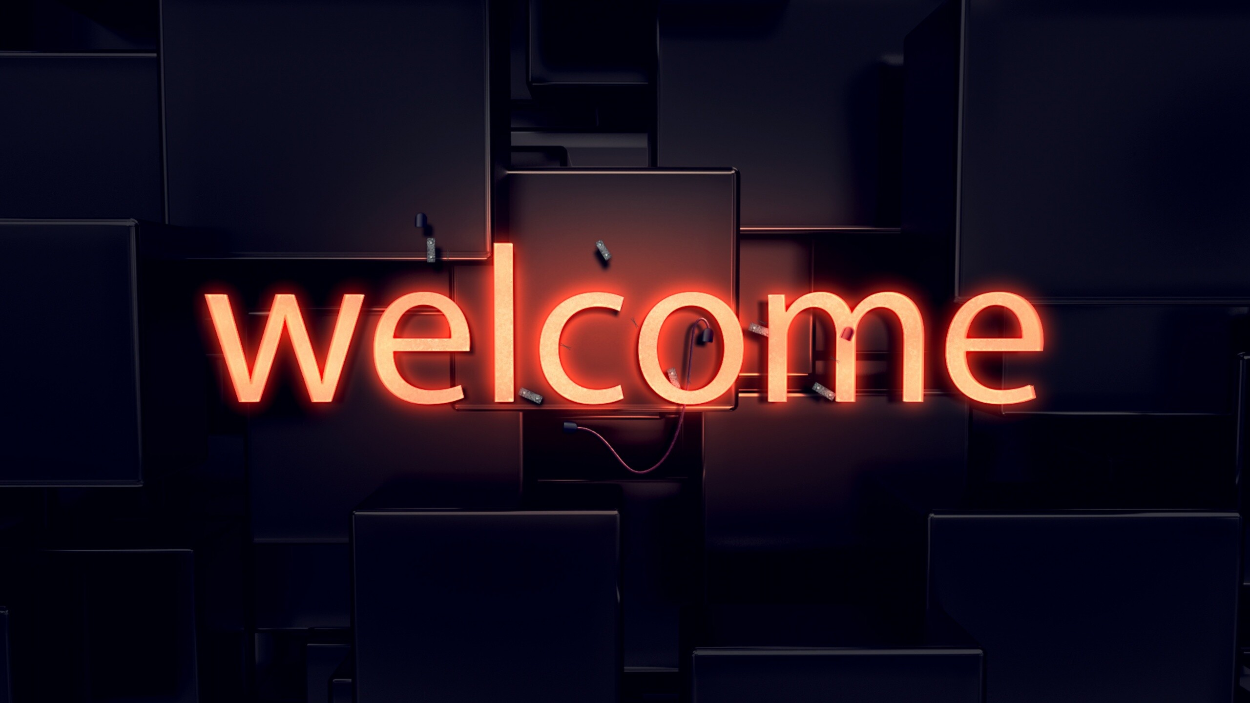 Welcome sign, Neon glow, Dark ambiance, Black background, 2560x1440 HD Desktop