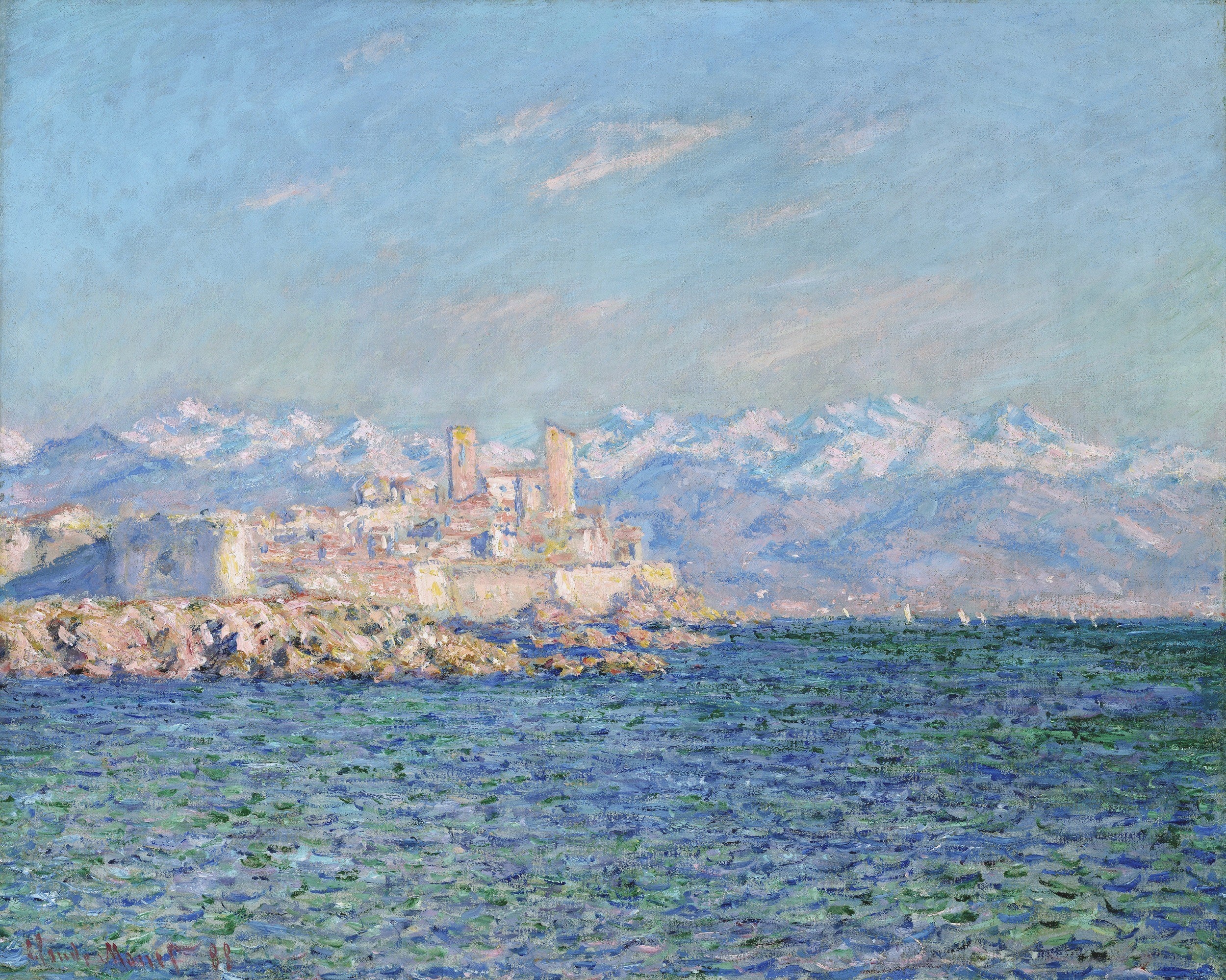Chateau Grimaldi Antibes, snow-capped Maritime Alps, Mediterranean Sea, HD Desktop wallpaper