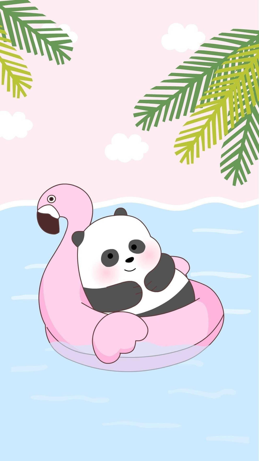 We Bare Bears Panda, Pink flamingo pool float, Tropical palm fronds, HD Phone wallpaper