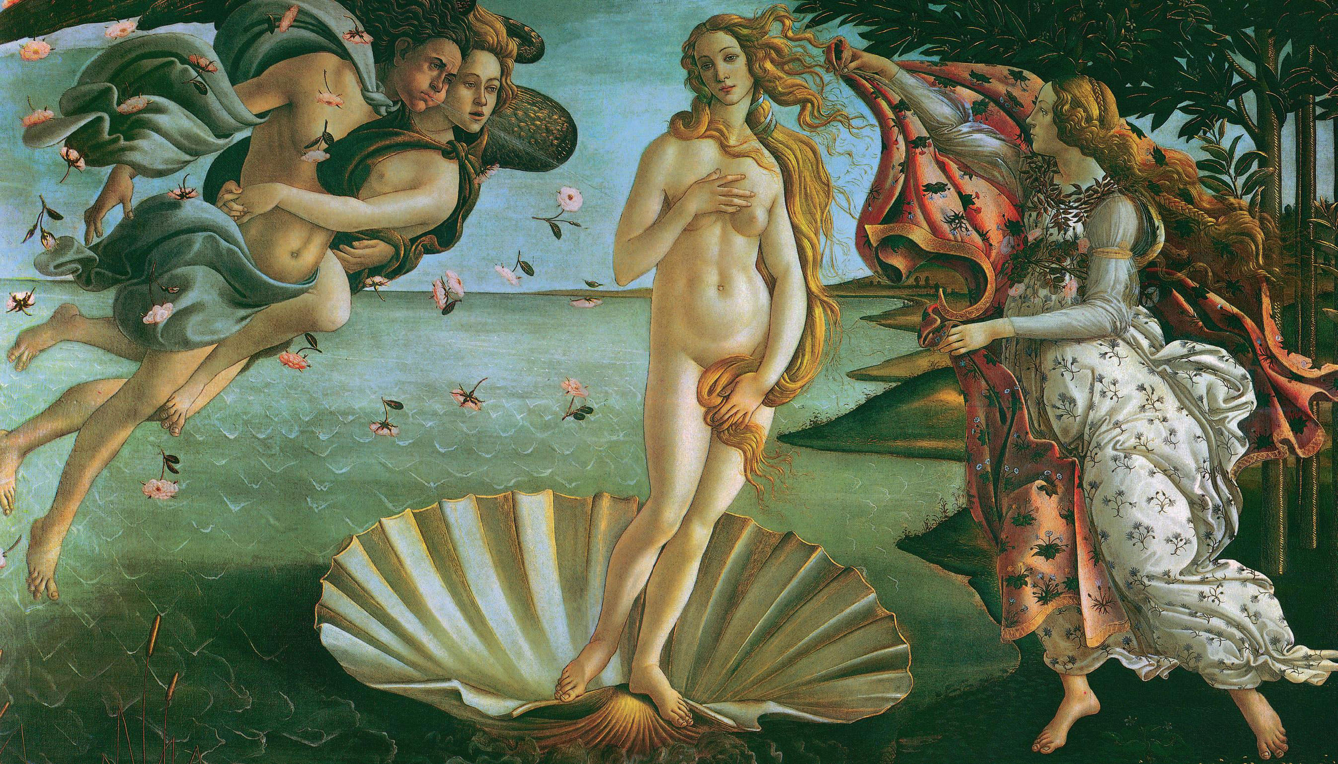 The Birth of Venus, Goddess Venus on shell, Zephyr blowing roses, Hora of Spring, HD Desktop wallpaper