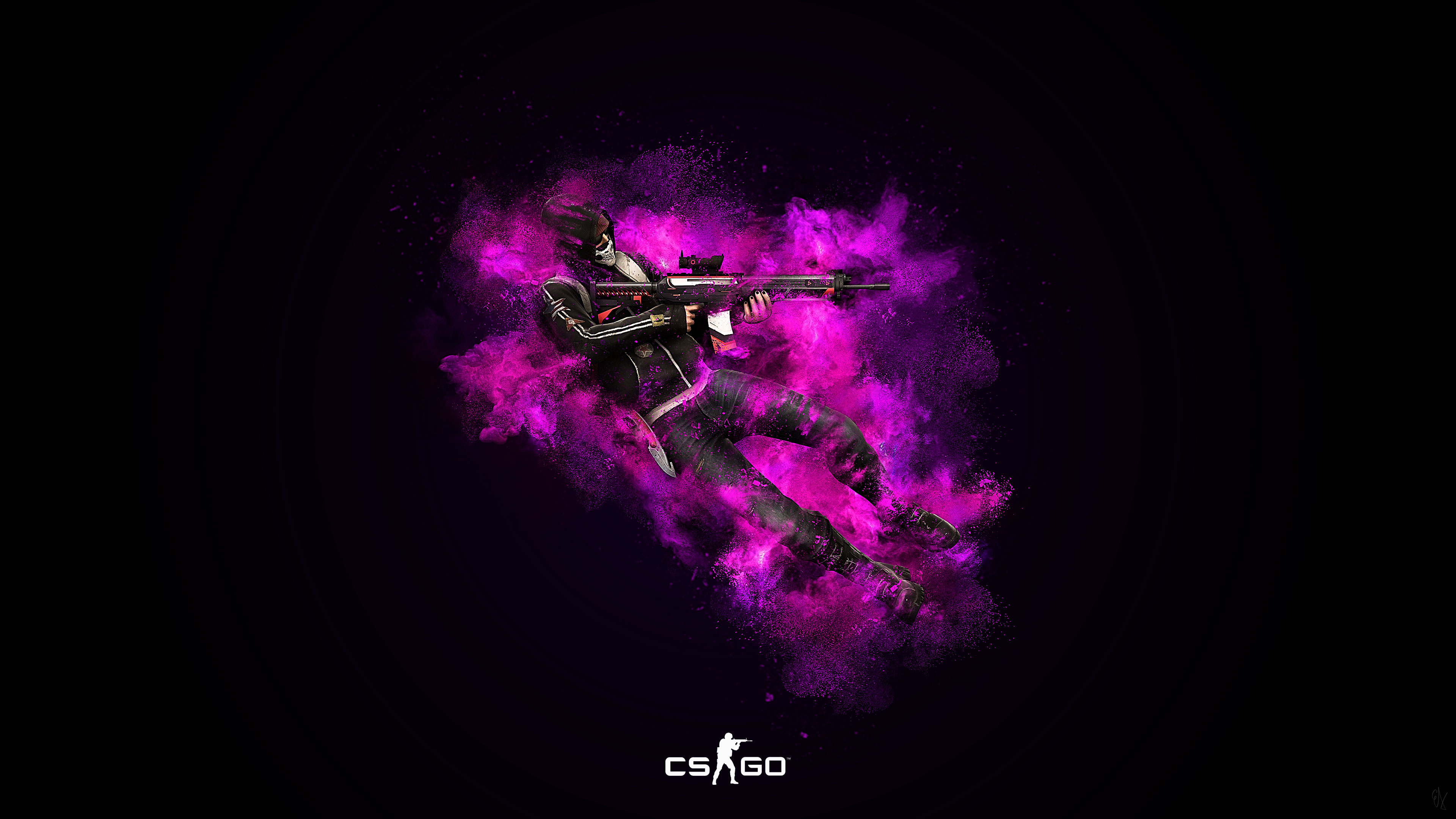 CS:GO skull masked agent, CS:GO logo, magenta powder explosion, 4K Desktop wallpaper