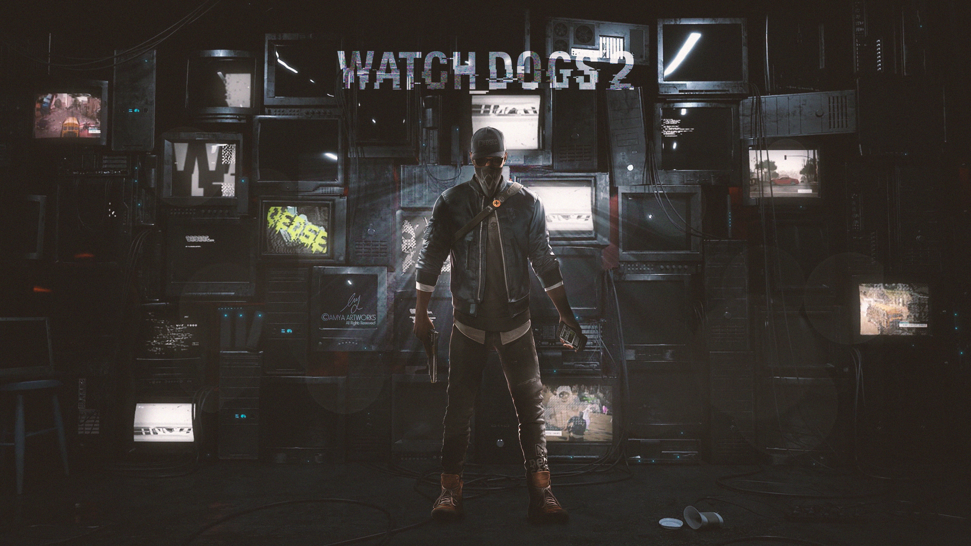 Marcus Holloway, WATCH DOGS 2 text, vintage CRT monitor wall, HD Desktop wallpaper