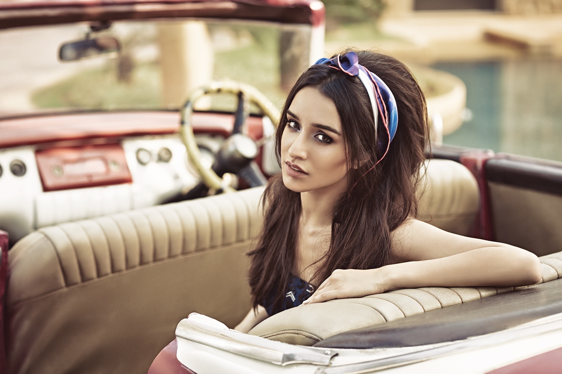 Shraddha Kapoor, vintage convertible car, retro hair scarf, HD Desktop wallpaper
