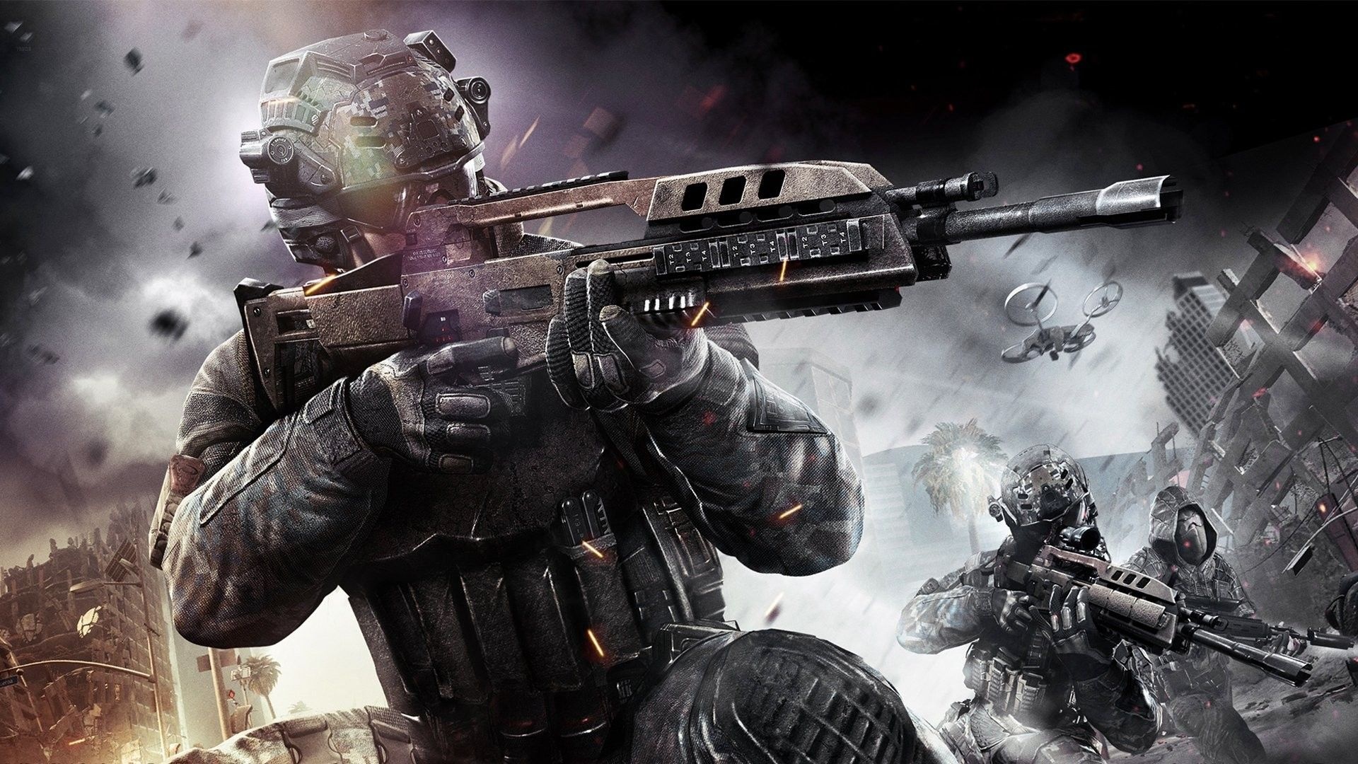 Call of Duty: Black Ops II soldier, MQ-27 Dragonfire drone, Ruined urban battlefield, Full HD Desktop wallpaper