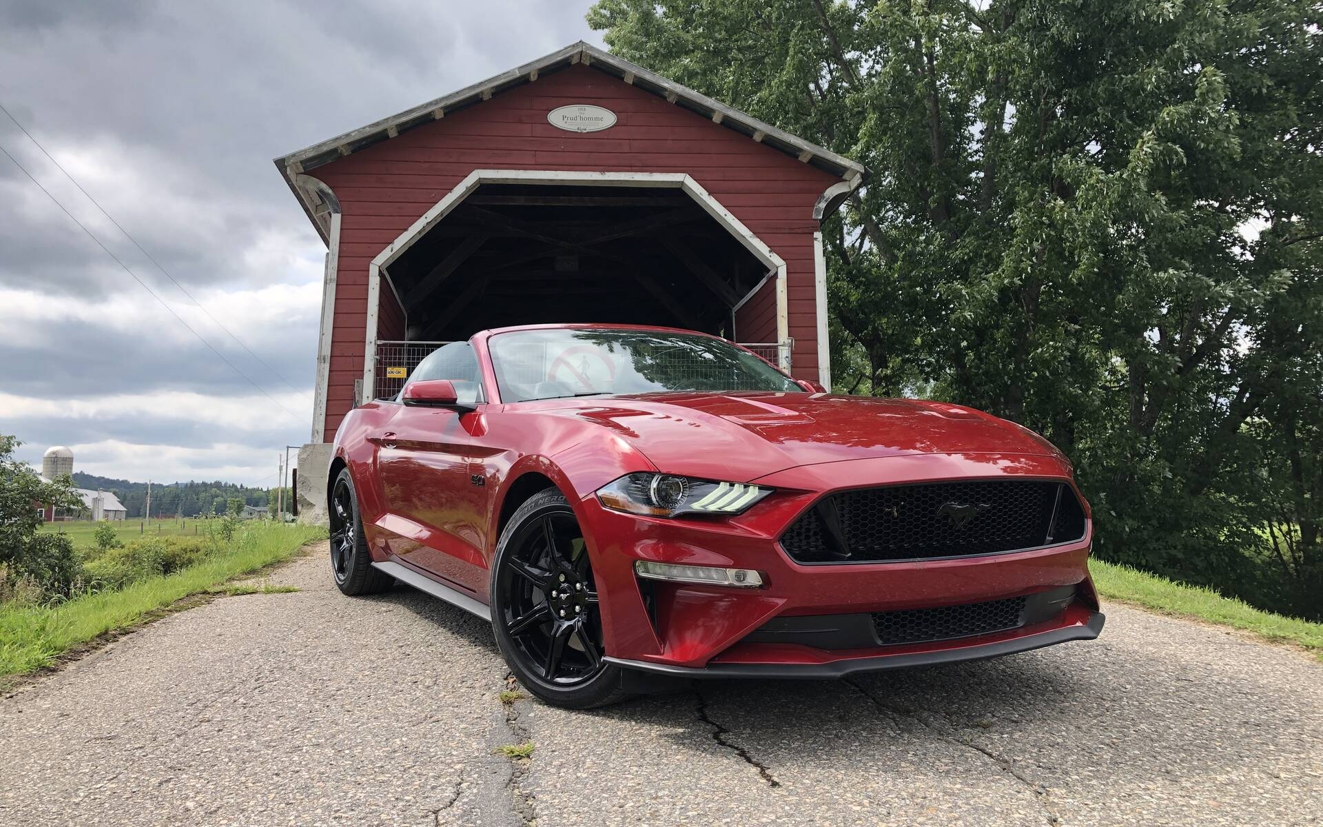 Ford Mustang GT Convertible, Prud'homme Covered Bridge, Rural asphalt road, HD Desktop wallpaper