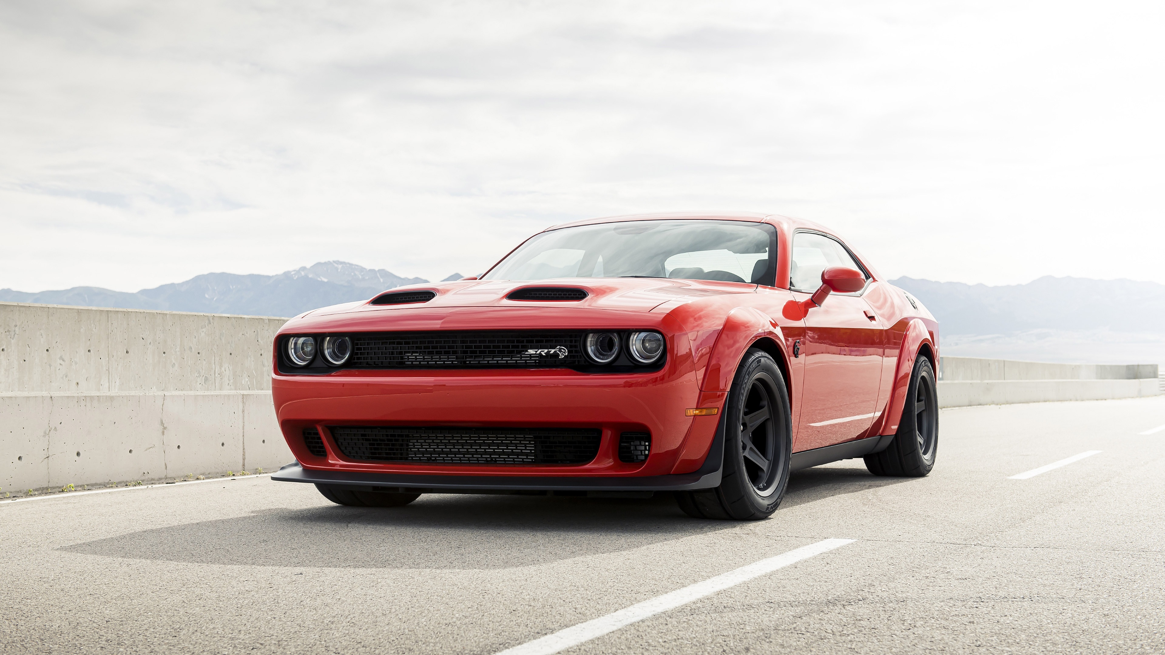 Dodge Challenger SRT Hellcat Redeye, SRT Hellcat grille badge, asphalt highway mountain backdrop, 4K Desktop wallpaper