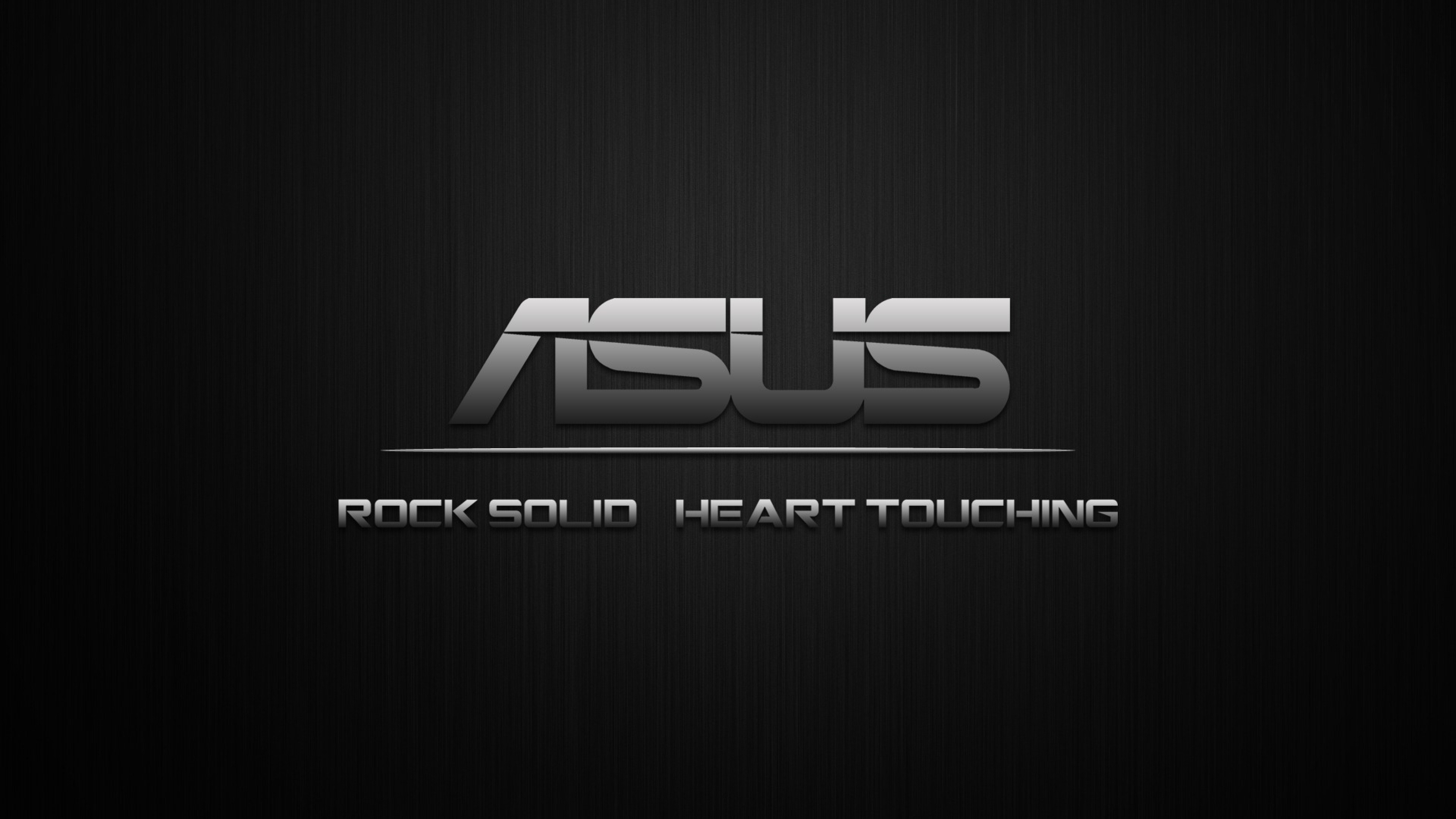 ASUS logo, ROCK SOLID HEART TOUCHING, brushed black metal texture, 4K Desktop wallpaper