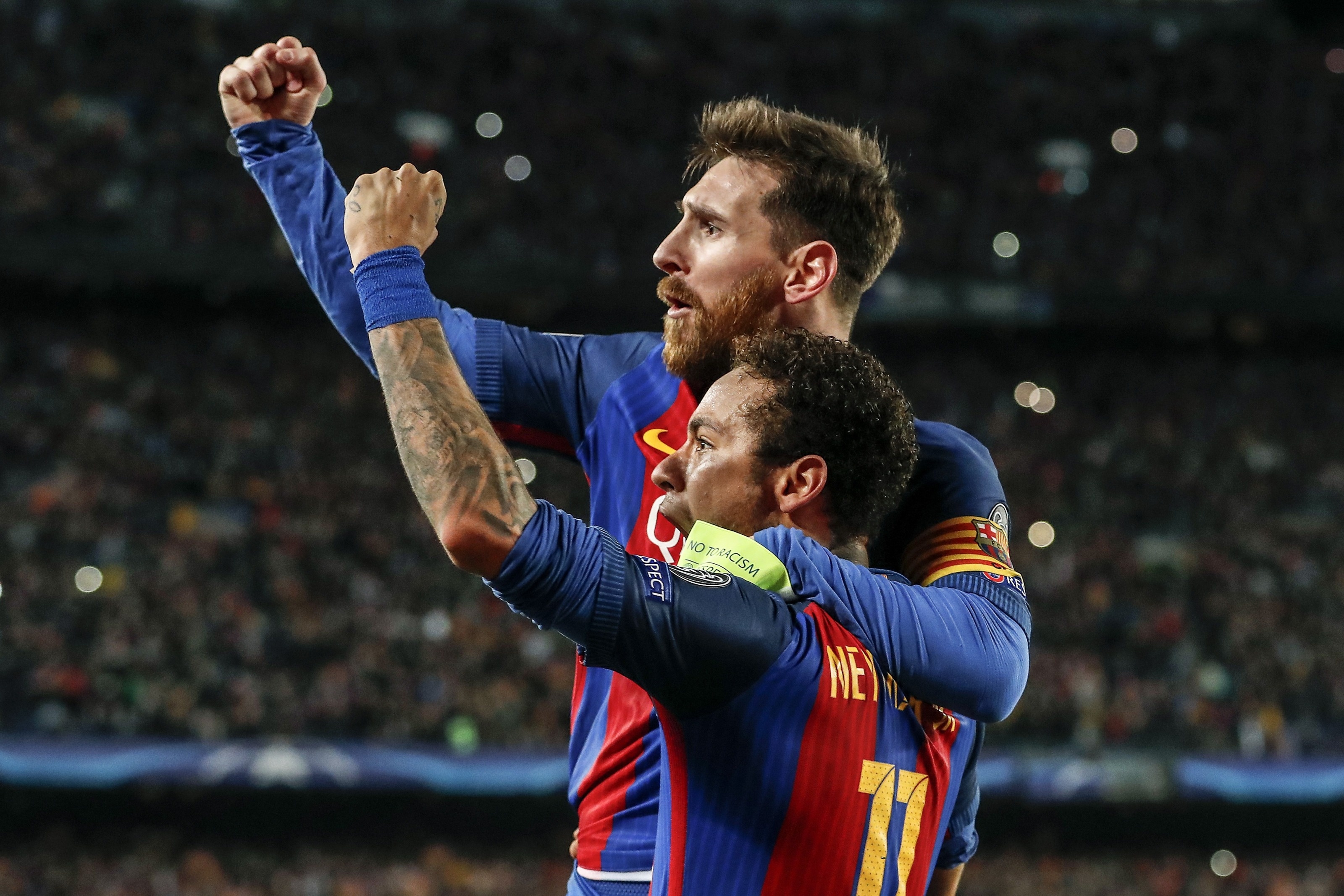 Lionel Messi, Neymar Jr, FC Barcelona kit, NO TO RACISM armband, HD Desktop wallpaper