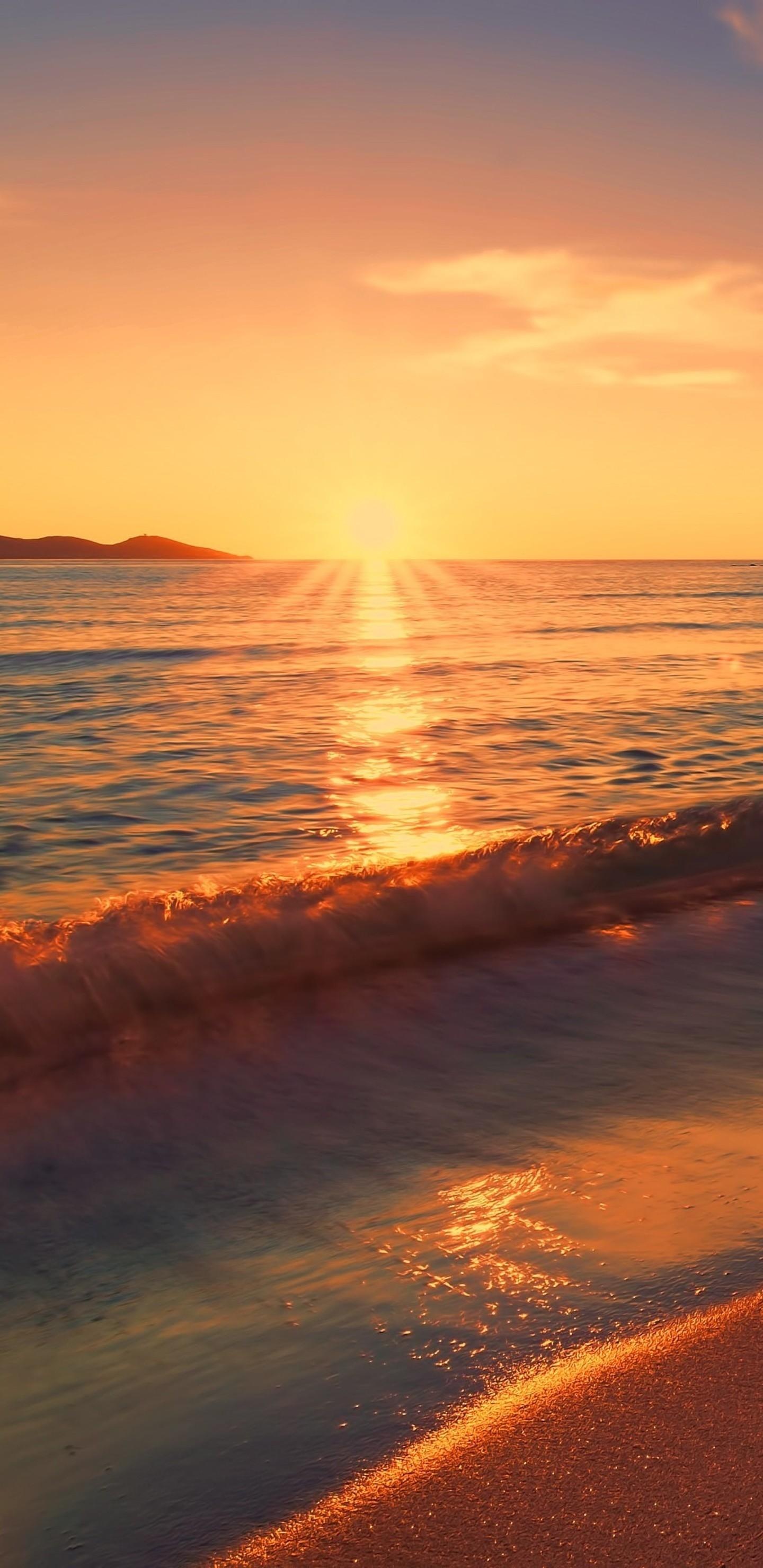 Golden sunset ocean horizon, Sunlit breaking ocean wave, Wet sand shoreline reflection, HD Phone wallpaper