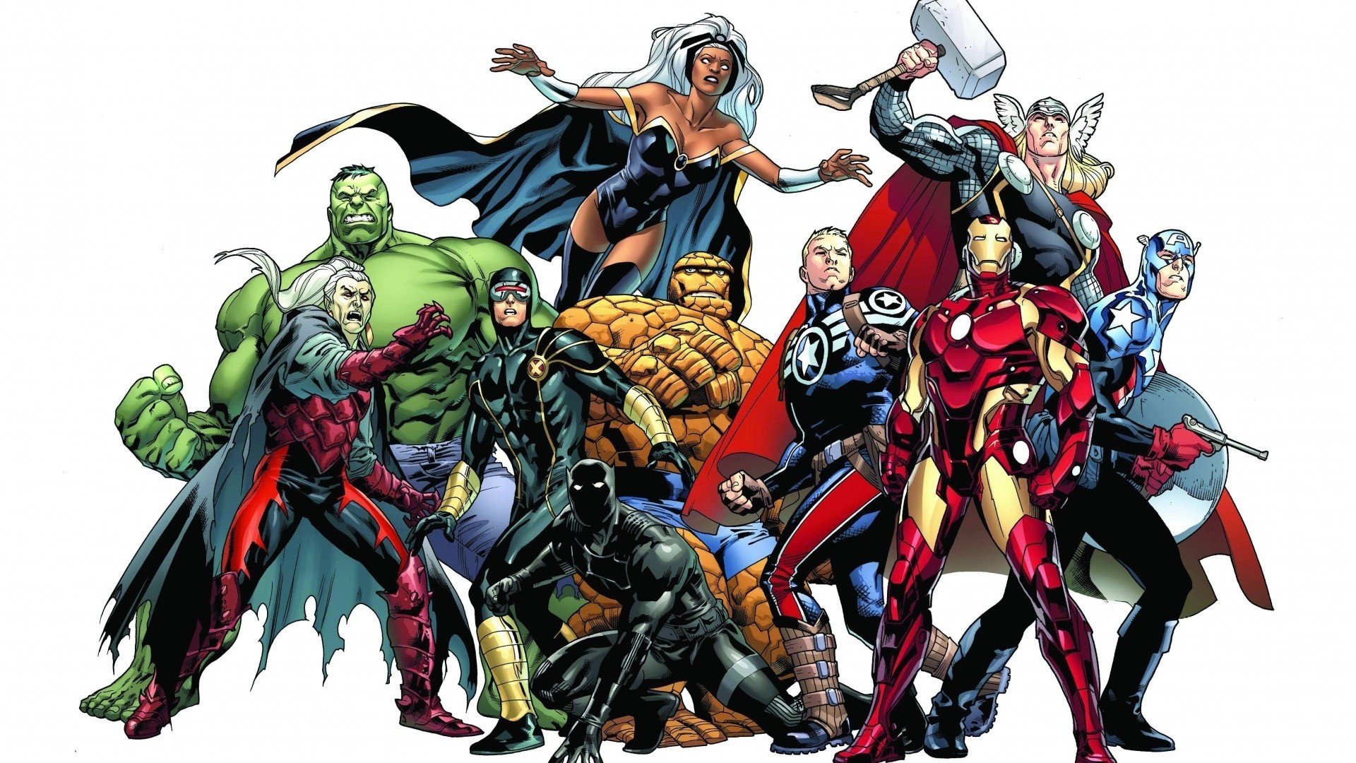 Marvel Comics superhero lineup, Iron Man and Thor, Captain America and Hulk, Black Panther and Storm, The Thing and Cyclops, Full HD Desktop wallpaper