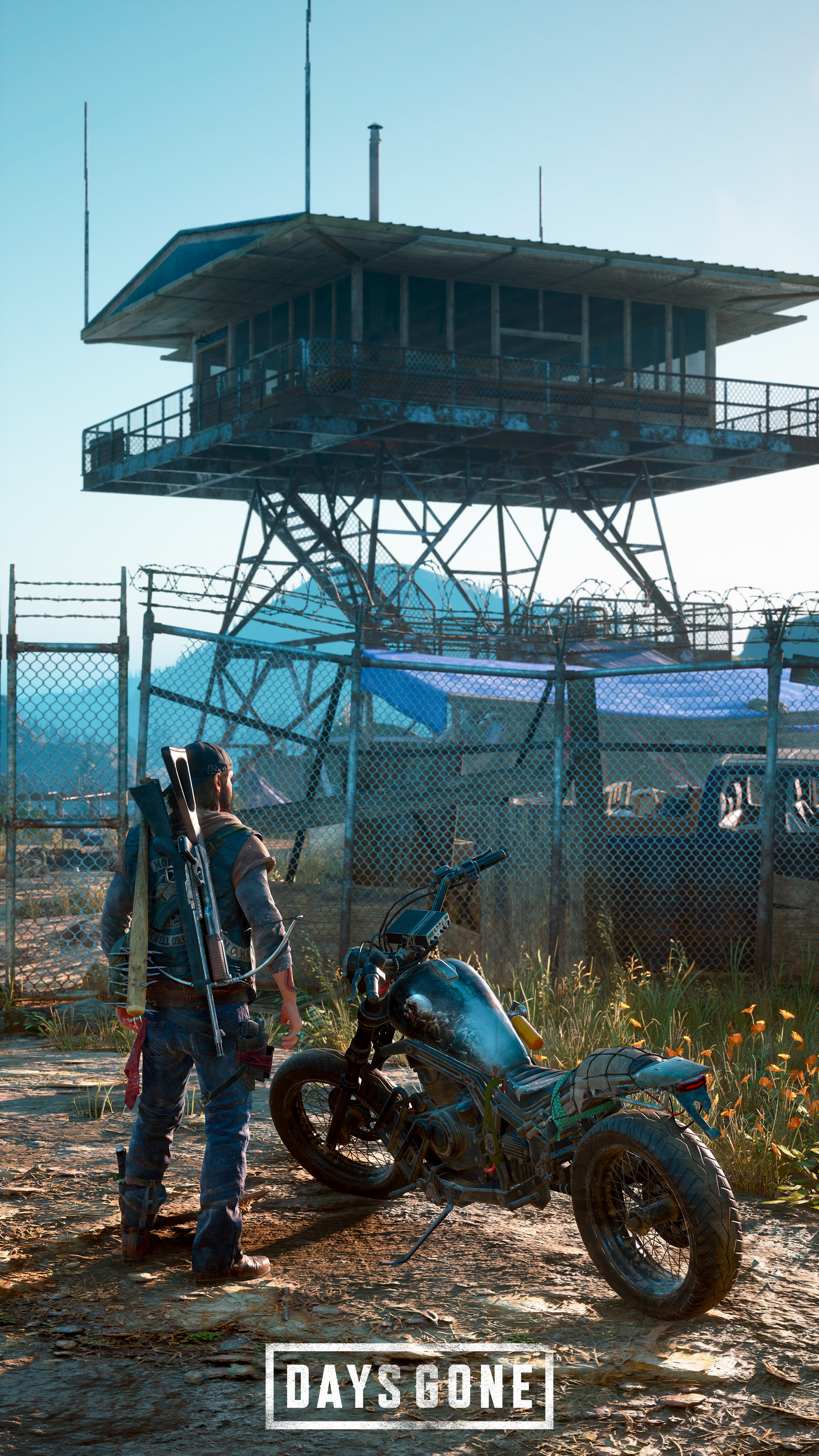 Deacon St. John, custom drifter motorcycle, O'Leary Mountain watchtower, DAYS GONE text, 4K Phone wallpaper