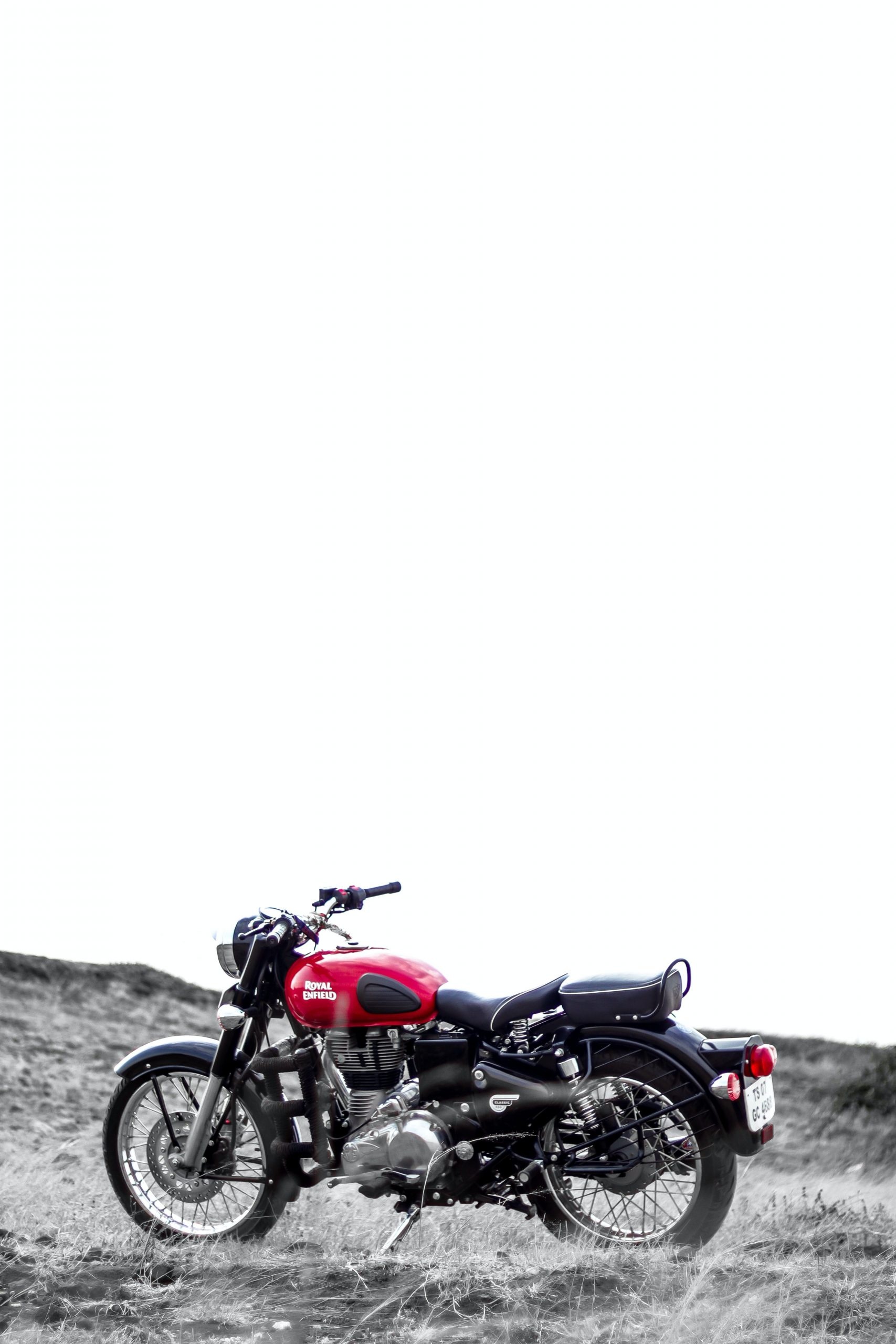 Royal Enfield Classic 350, red teardrop fuel tank, monochrome hillside, HD Phone wallpaper