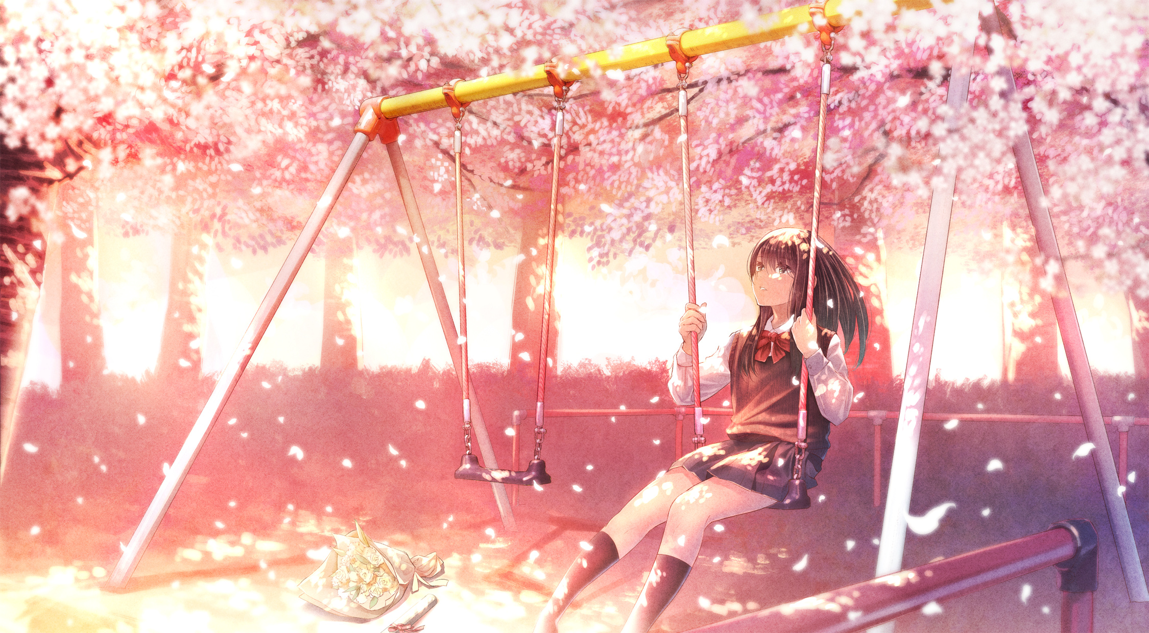 Anime schoolgirl on swing, Blooming cherry blossom trees, Falling sakura petals, HD Desktop wallpaper