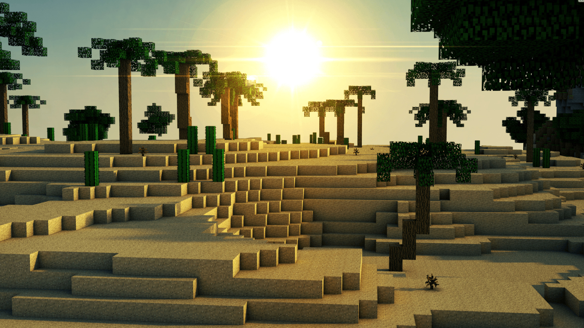 Minecraft desert biome, Voxel palm trees, Minecraft cacti, Full HD Desktop wallpaper